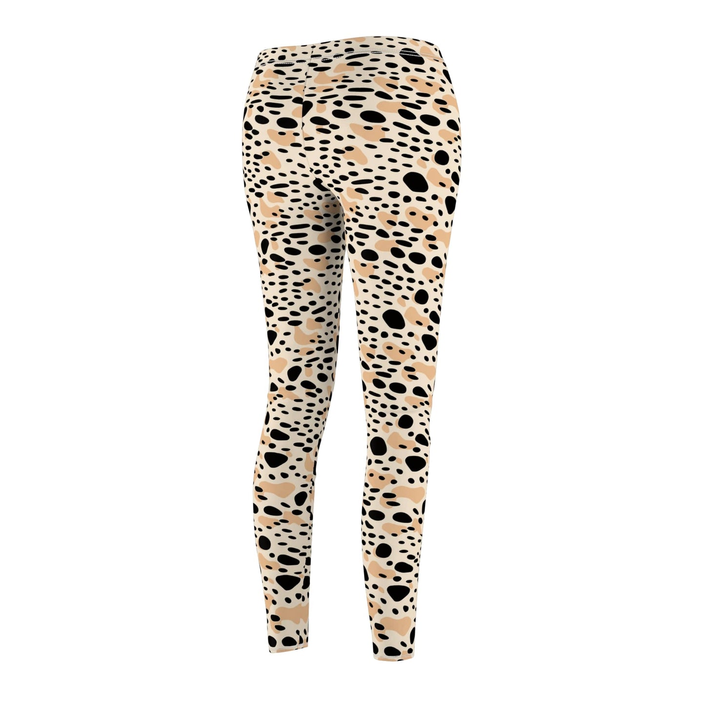 A pair of high-waisted leggings with an all-over leopard print pattern, shown from the back on a plain white background. Cute Bold Beige and Black Spots Leopard Print Leggings Activewear