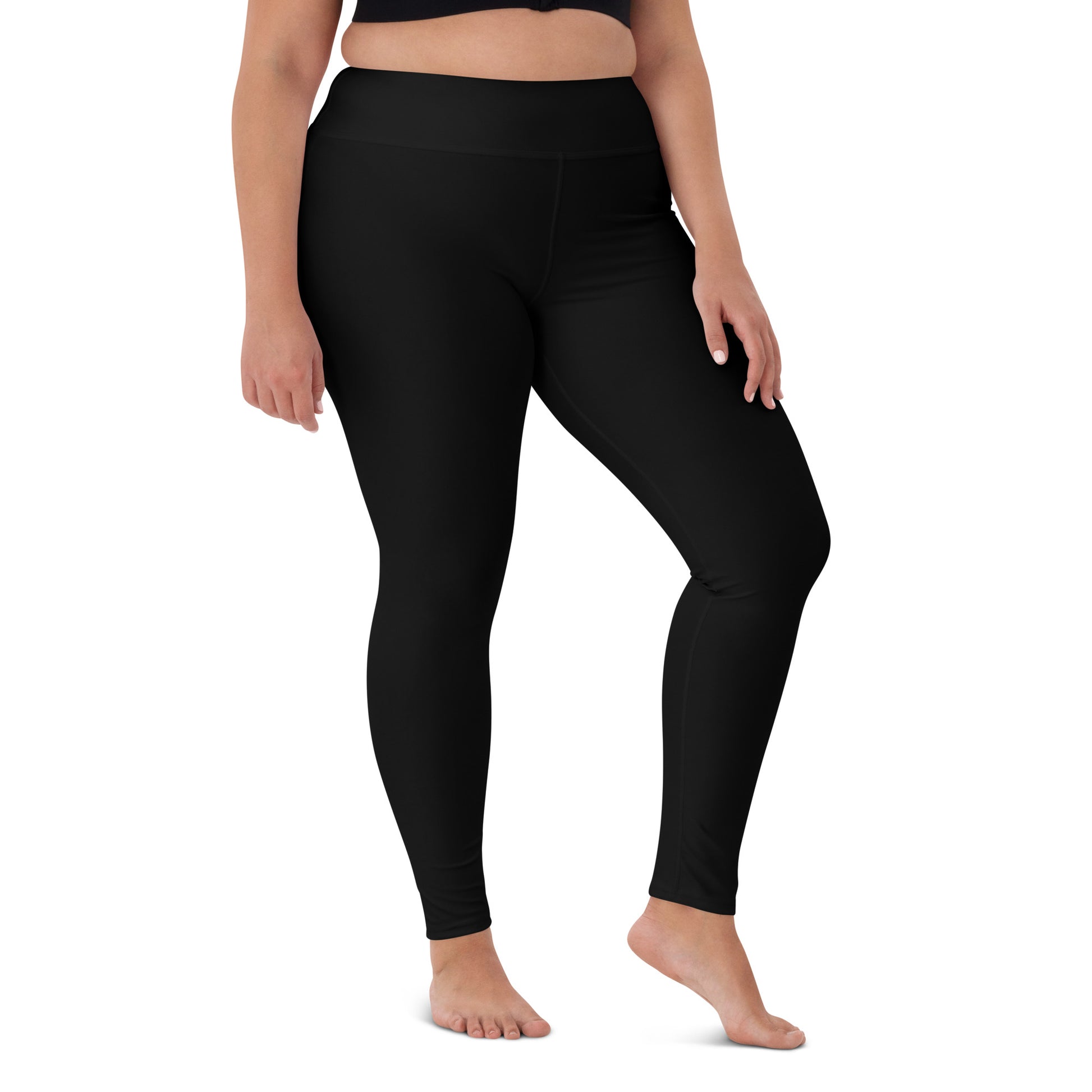 Black leggings with branding on a white background Cute Comfortable Essential Solid Black Yoga Pants for Activewear