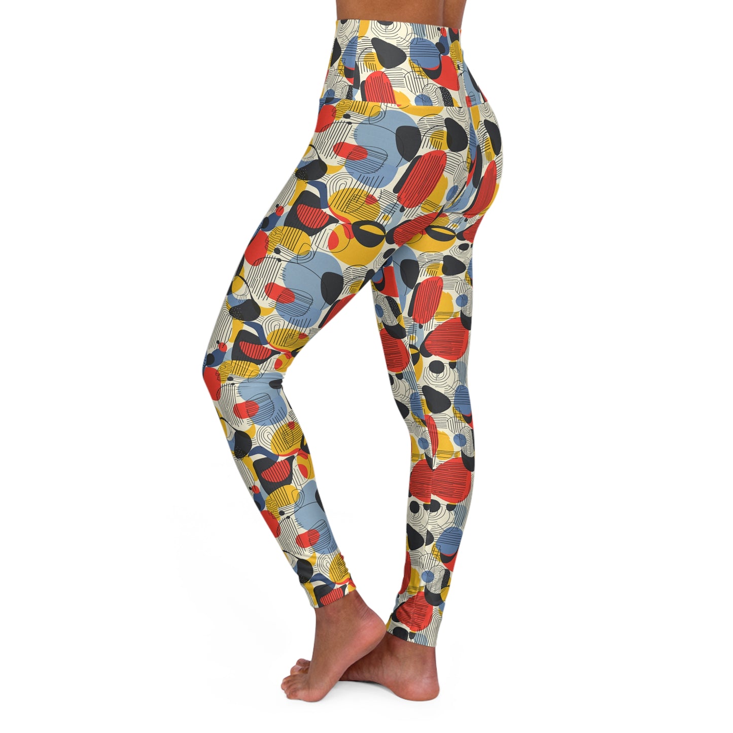 A person shown from the waist down wearing high-waisted leggings with a colorful abstract geometric print on a white background. Cute Minimalist Bauhaus Geometric Print Yoga Leggings