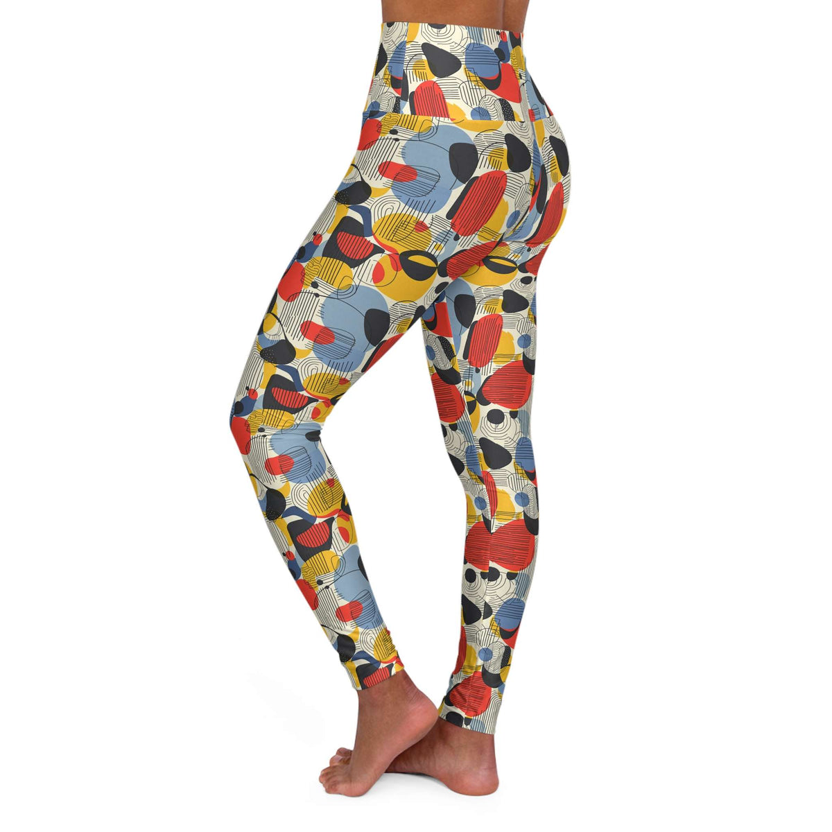A person shown from the waist down wearing high-waisted leggings with a colorful abstract geometric print on a white background. Cute Minimalist Bauhaus Geometric Print Yoga Leggings