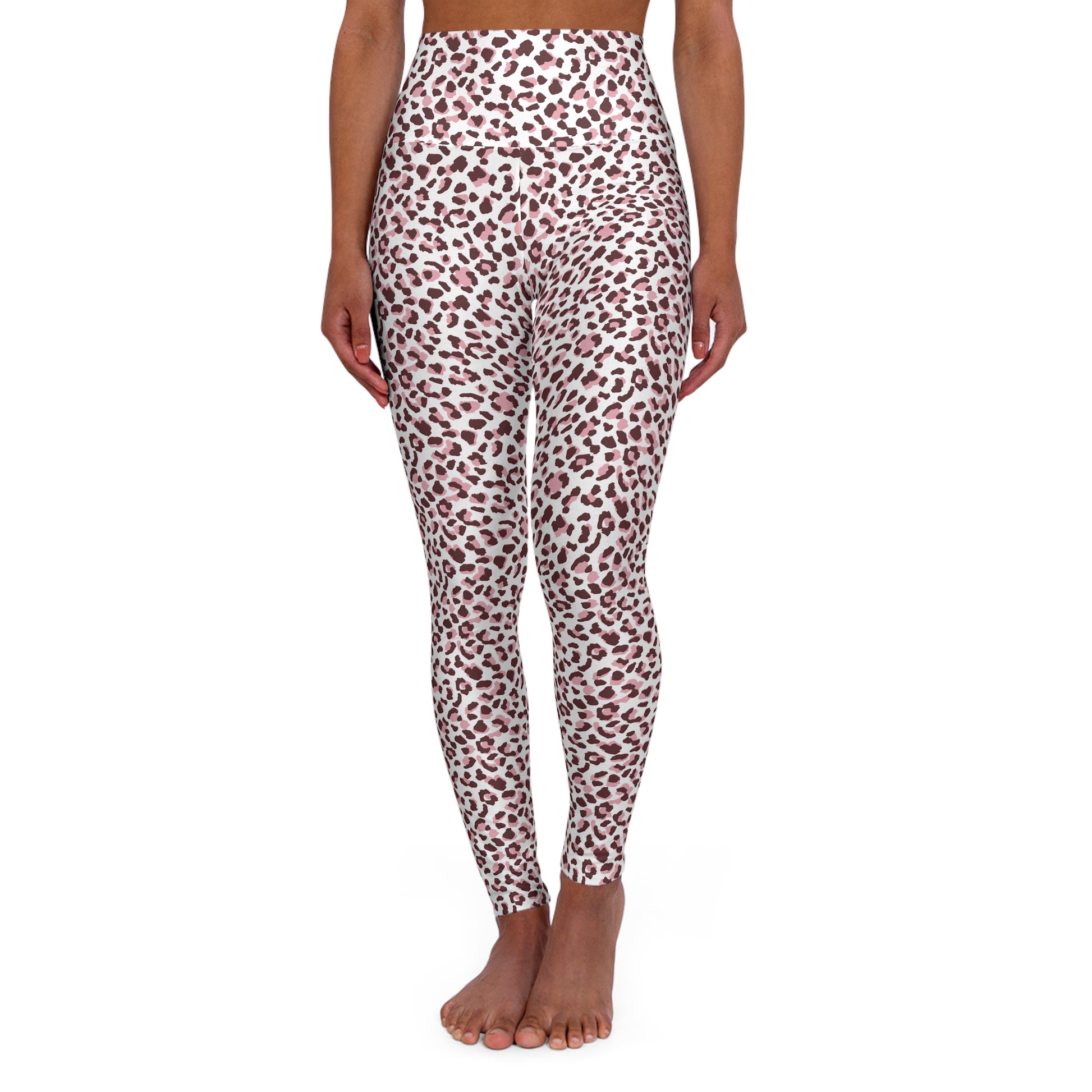 A model is shown from the waist down wearing high-waisted leggings with a brown and black leopard print on a white background, standing barefoot against a solid white studio background. Cute Pink Leopard Skin High Waisted Yoga Leggings Activewear