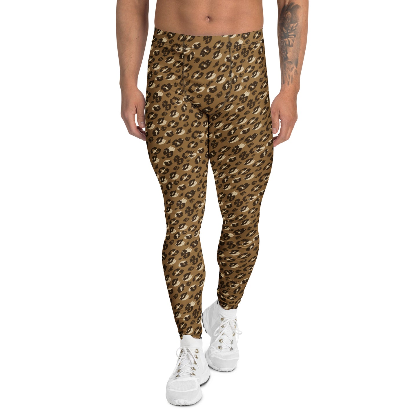 A person modeling leopard-print leggings with white sneakers against a plain white background. Durable Bold Brown Leopard Print Men's Leggings Activewear