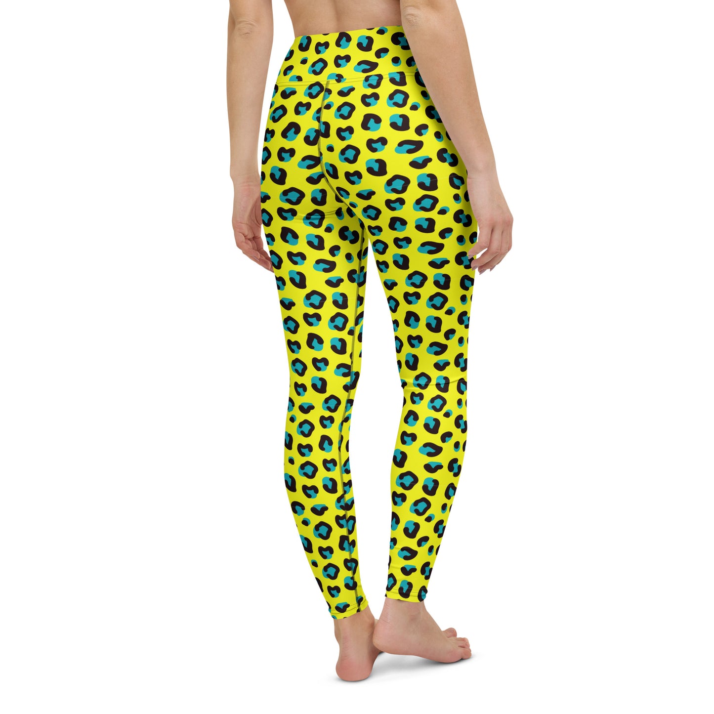 A person wearing bright yellow leggings with a blue and black leopard print pattern, shown from the back against a plain white background. Durable Bold Yellow Teal Leopard Print Yoga Leggings for Activewear