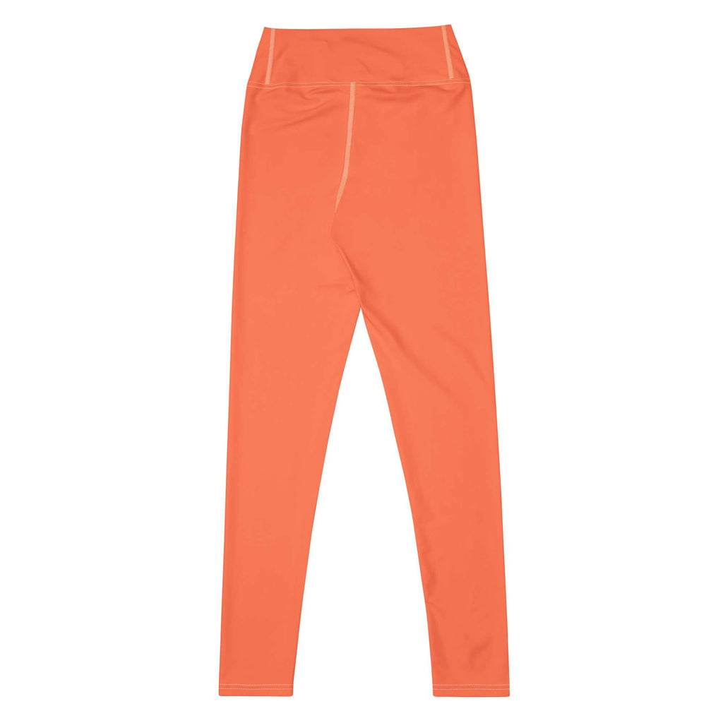 A pair of high-waisted athletic leggings in a vibrant orange color, shown flat against a solid white background. Durable Chic Comfortable Yoga Pants in Solid Coral Shade for Activewear