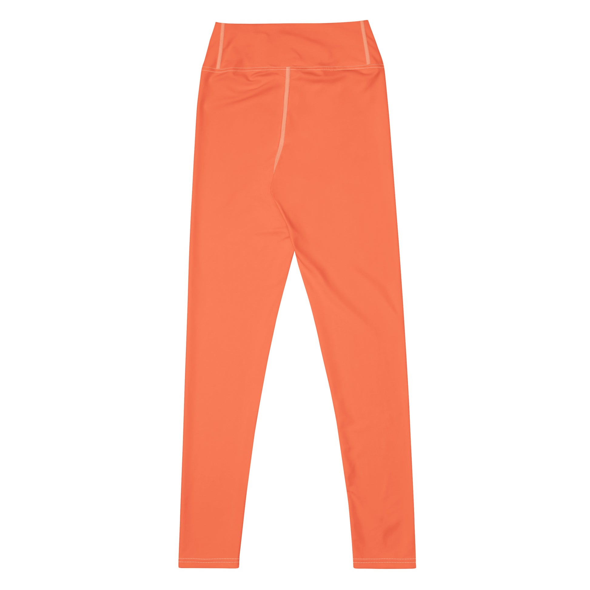 A pair of high-waisted athletic leggings in a vibrant orange color, shown flat against a solid white background. Durable Chic Comfortable Yoga Pants in Solid Coral Shade for Activewear