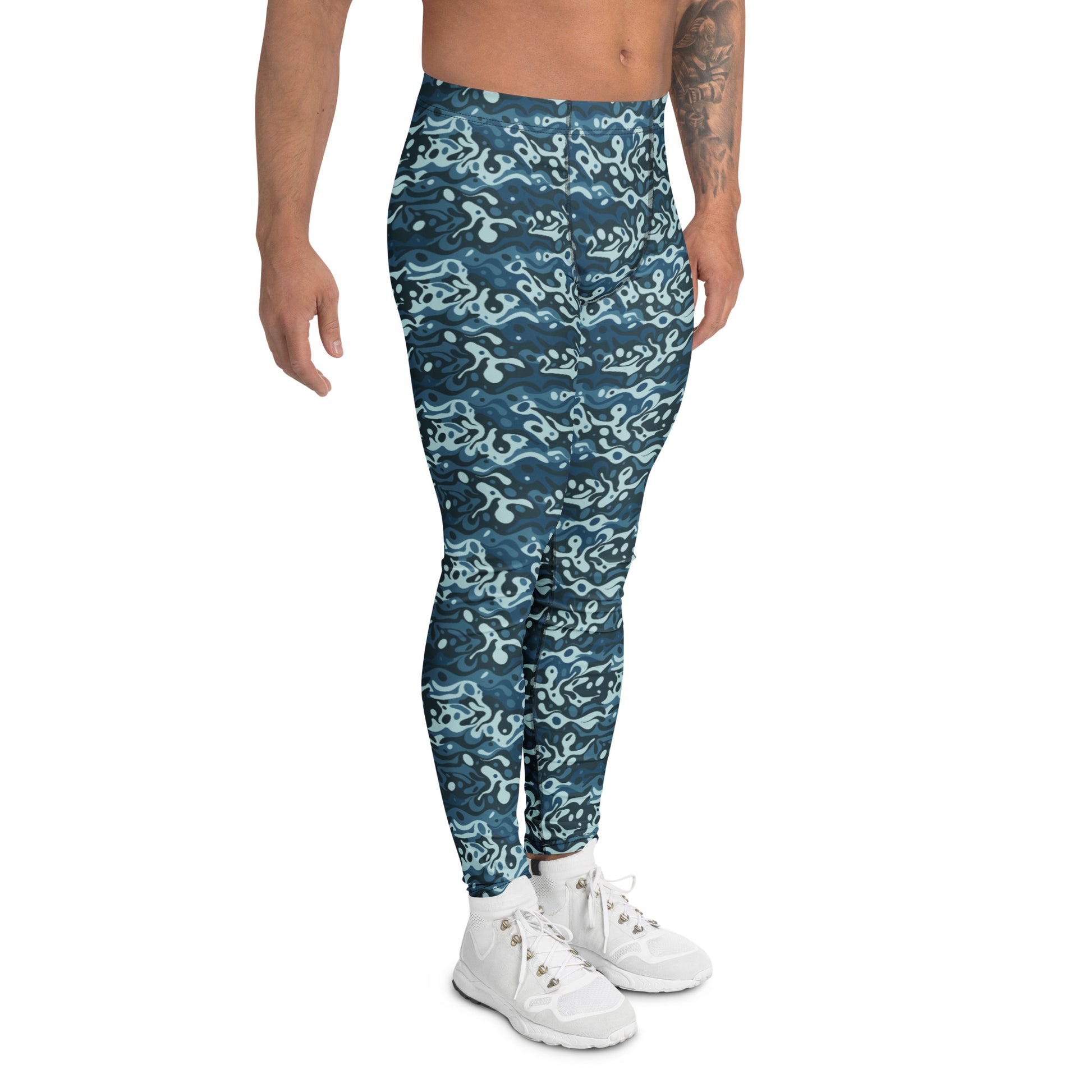 Durable Comfortable Bold Blue Navy Camouflage Print Men's Leggings for Activewear