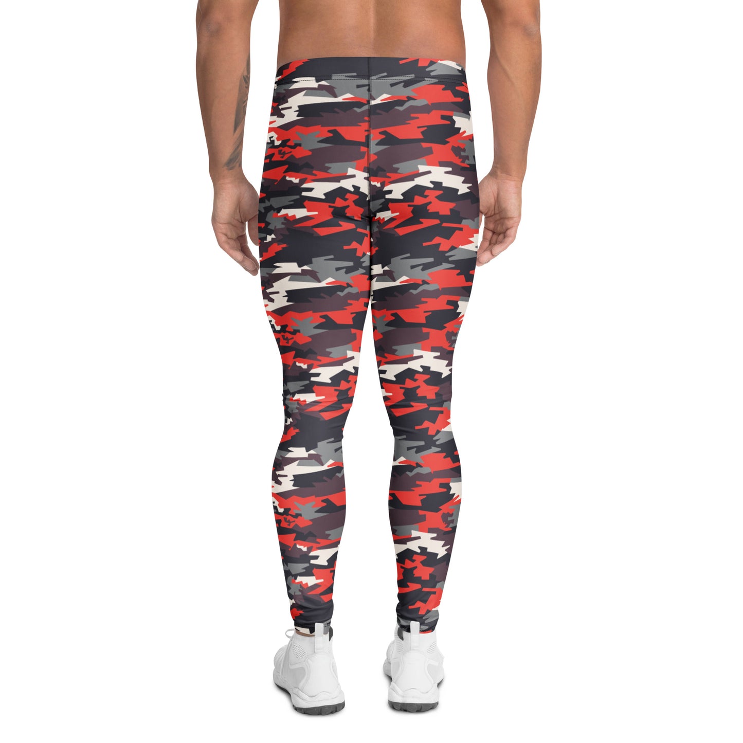 A person shown from the back wearing full-length camouflage leggings with red, black, gray, and off-white pattern, paired with white sneakers on a plain white background.
