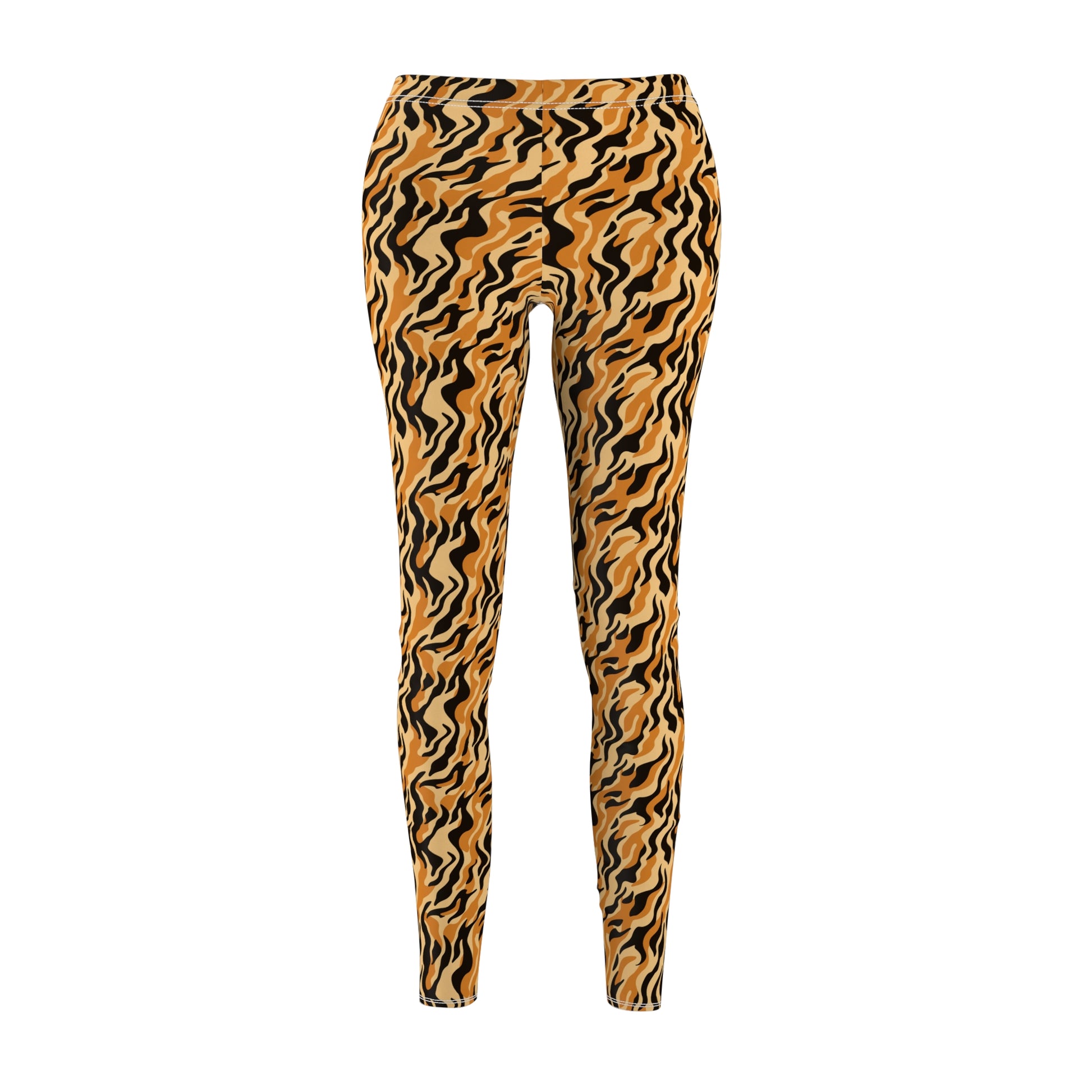 A pair of women's leggings featuring a bold, wavy abstract pattern in mustard yellow and black, shown against a plain white background. Dynamic Swirl Pattern Leggings for Workouts