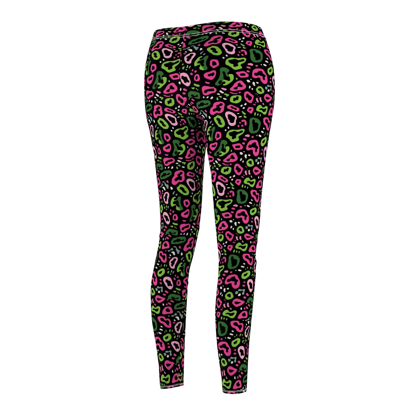 High-waisted leggings with a vibrant pink, green, and black leopard print pattern, shown against a plain white background. Elegant Bold Neon Pink and Green Leopard Print Leggings for Casual Wear