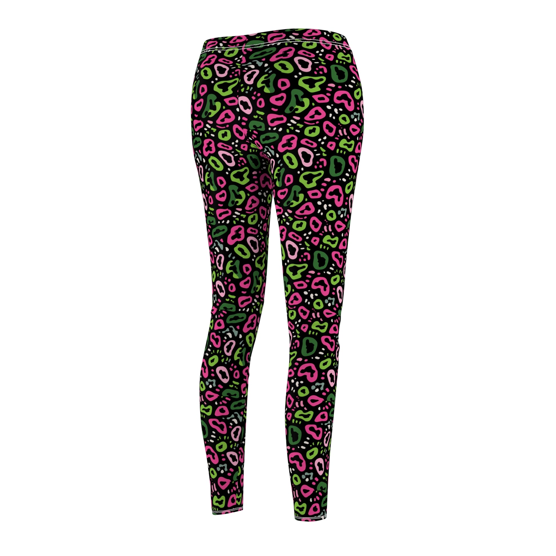 High-waisted leggings with a vibrant pink, green, and black leopard print pattern, shown against a plain white background. Elegant Bold Neon Pink and Green Leopard Print Leggings for Casual Wear