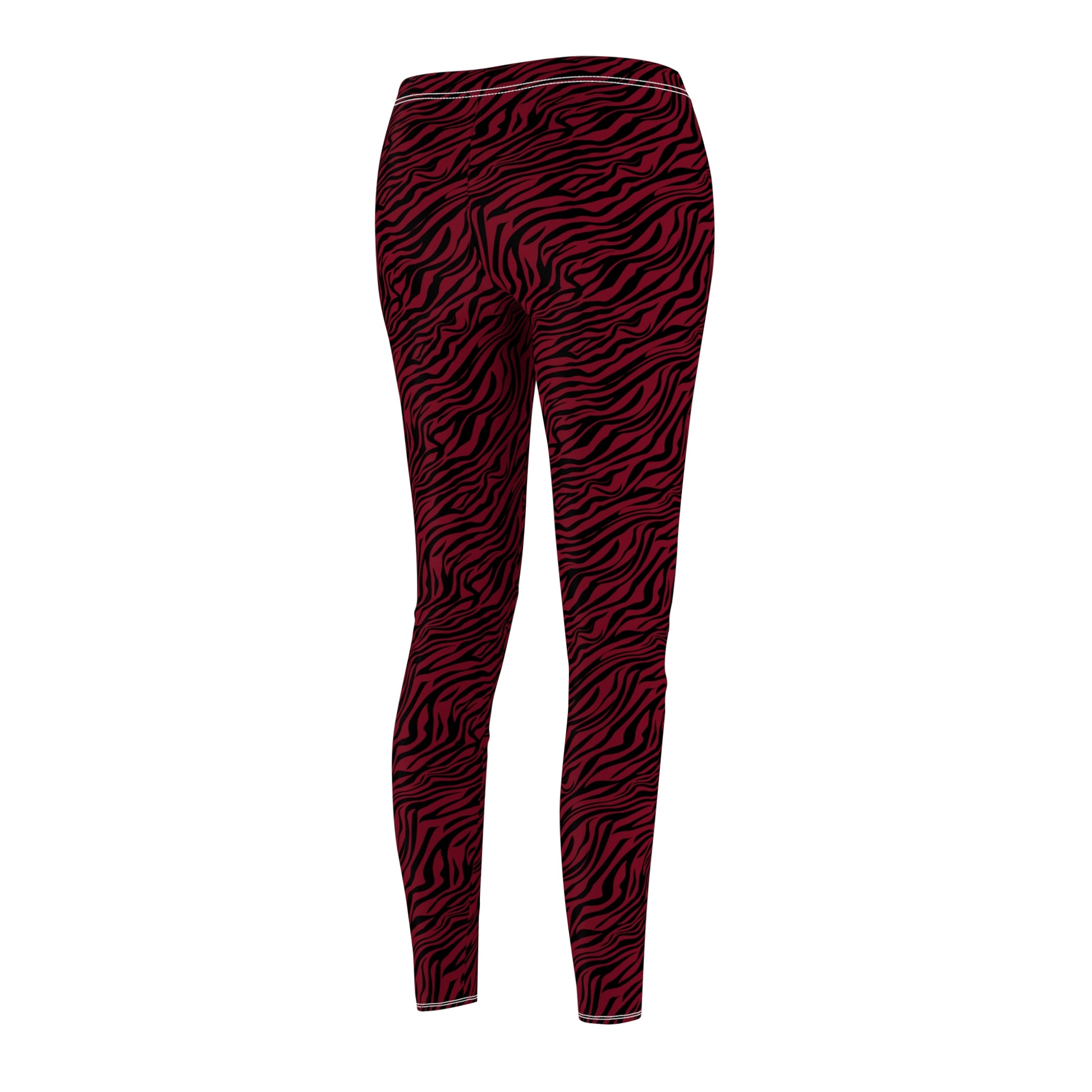 Red and black zebra print leggings shown on a ghost mannequin against a plain white background. Elegant Comfortable Bold Red Zebra Print Women's Casual Leggings