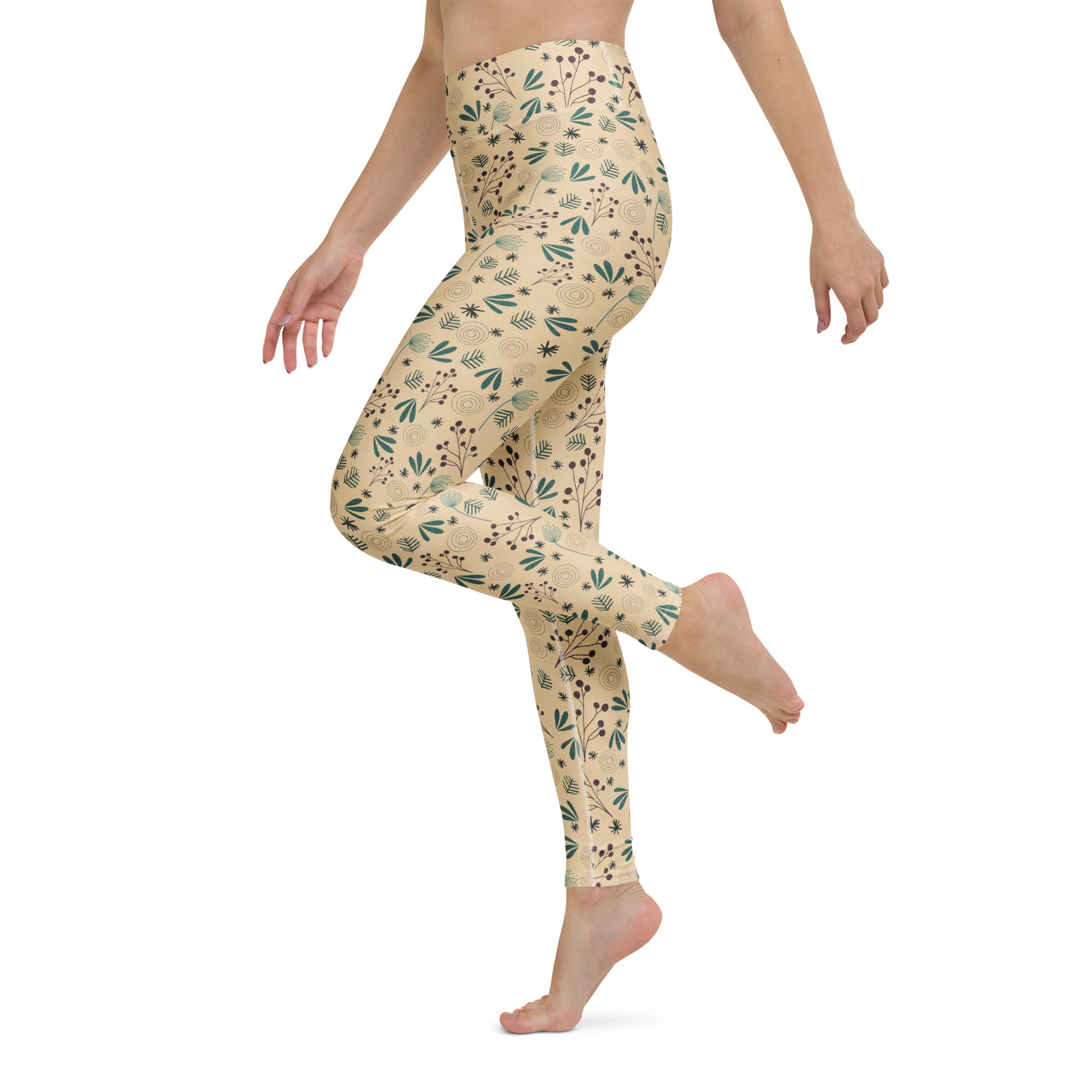 Elegant Comfortable Botanical Beige Floral Yoga Leggings Activewear