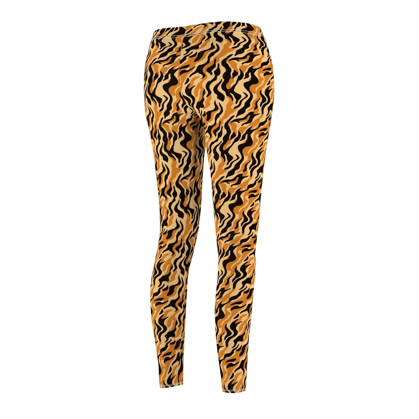 A pair of women's leggings featuring a bold, wavy abstract pattern in black and golden yellow, displayed on a clean white background. Eye-Catching Tiger Print Workout Leggings