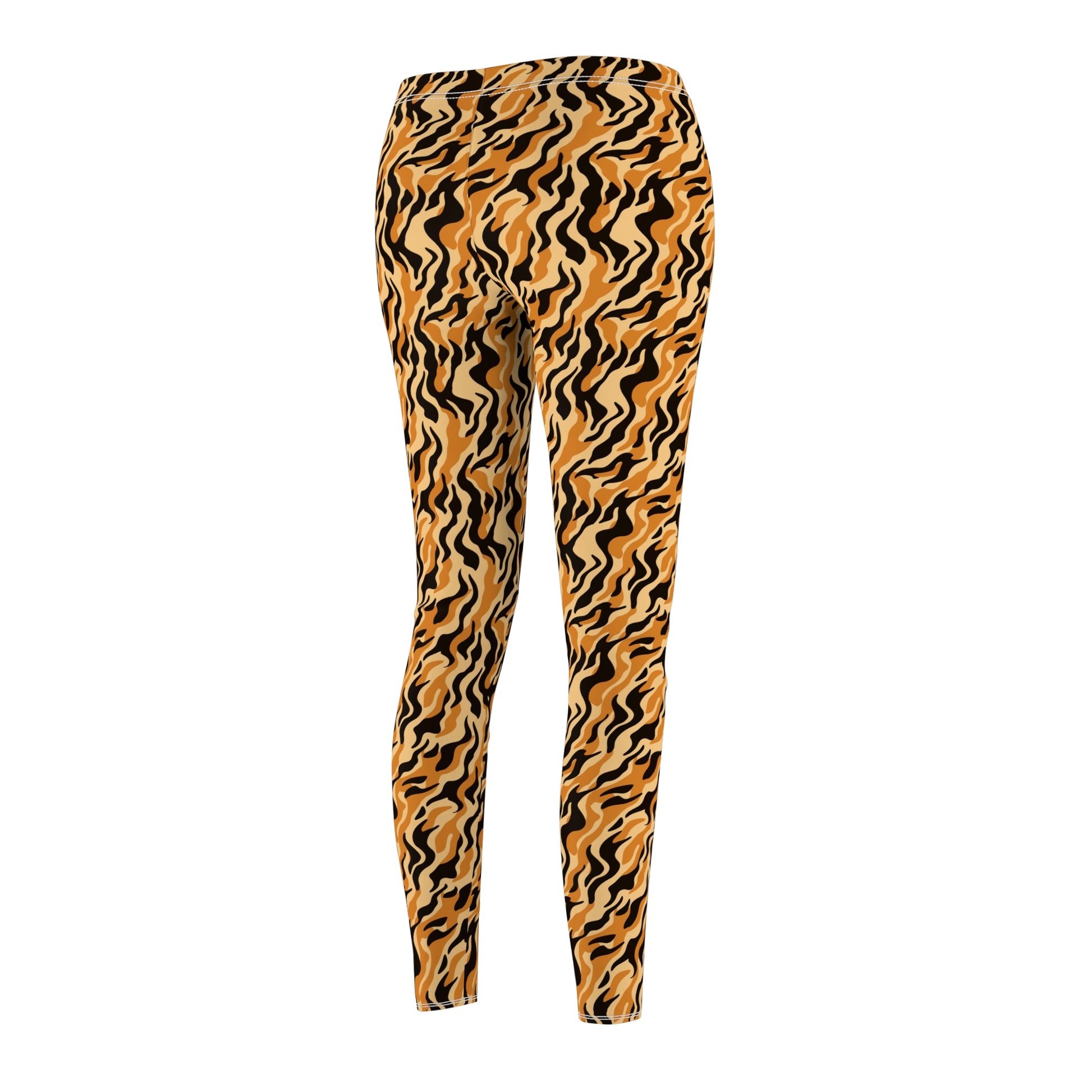 A pair of women's leggings featuring a bold, wavy abstract pattern in black and golden yellow, displayed on a clean white background. Eye-Catching Tiger Print Workout Leggings