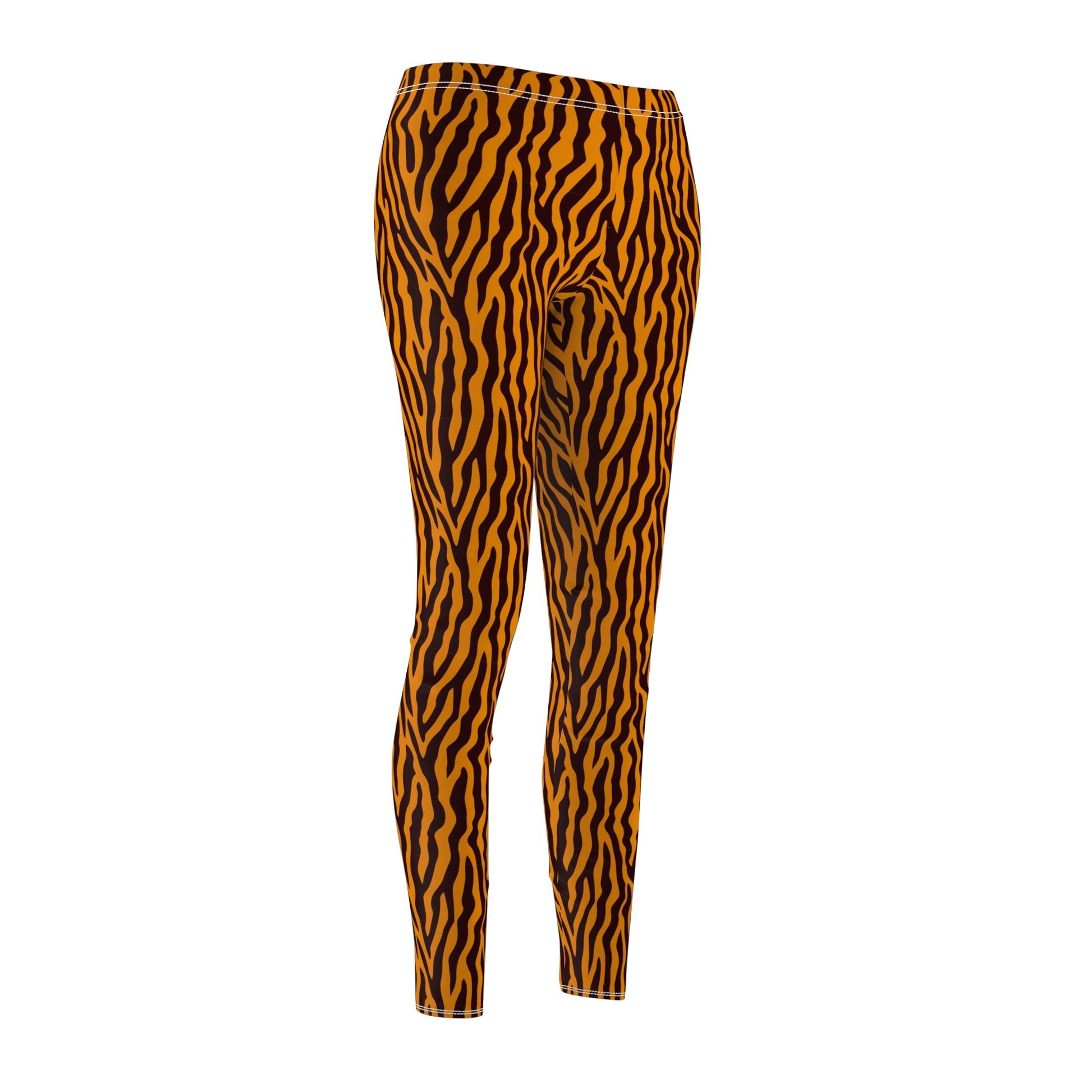 A pair of full-length leggings with a bold orange and black tiger-stripe pattern, shown from the back on a plain white background. Fashion-Forward Leggings with Orange Tiger Stripes