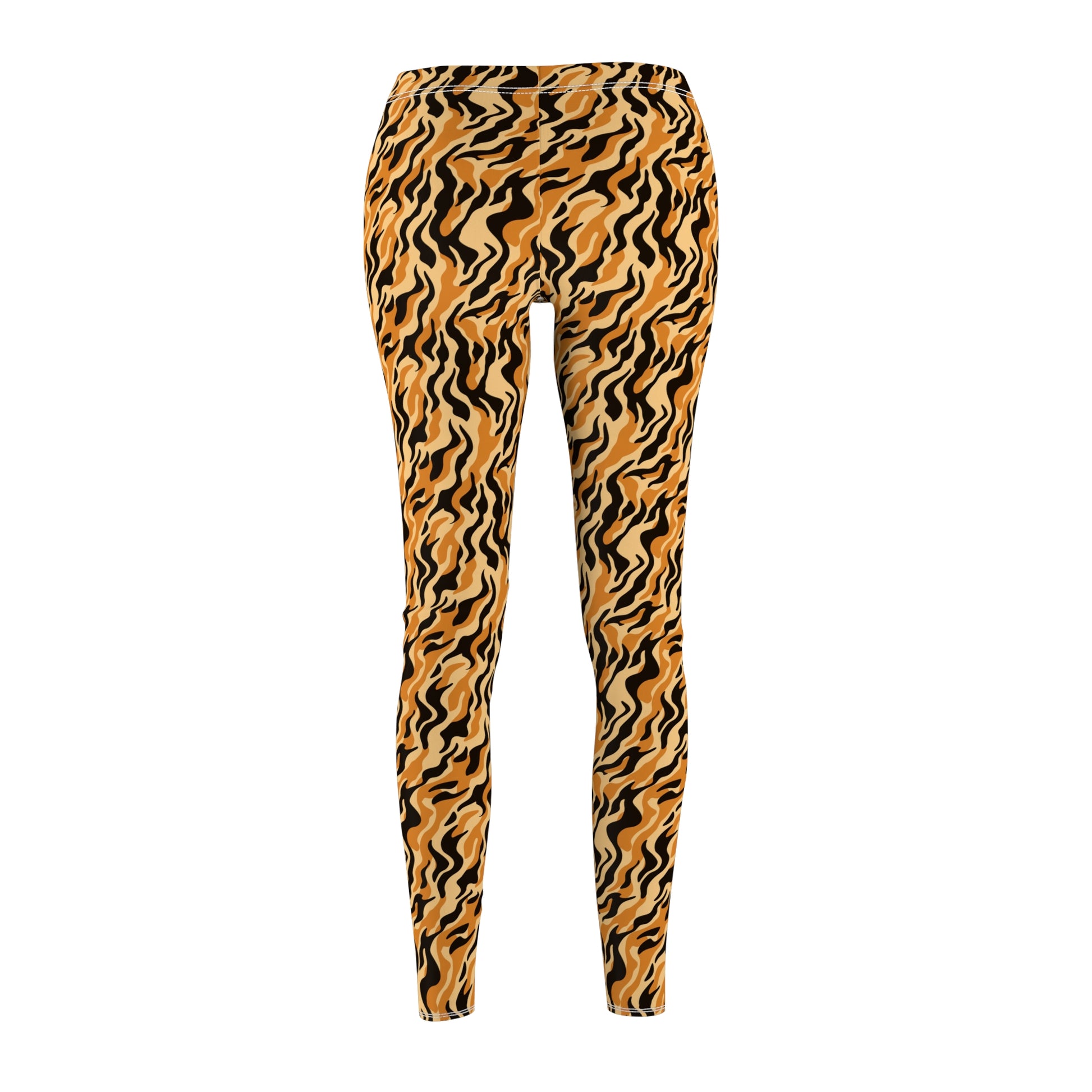 A pair of high-waisted leggings with an all-over abstract wavy pattern in mustard yellow, black, and orange, shown against a plain white background. Fashion-Forward Leggings with Wild Print