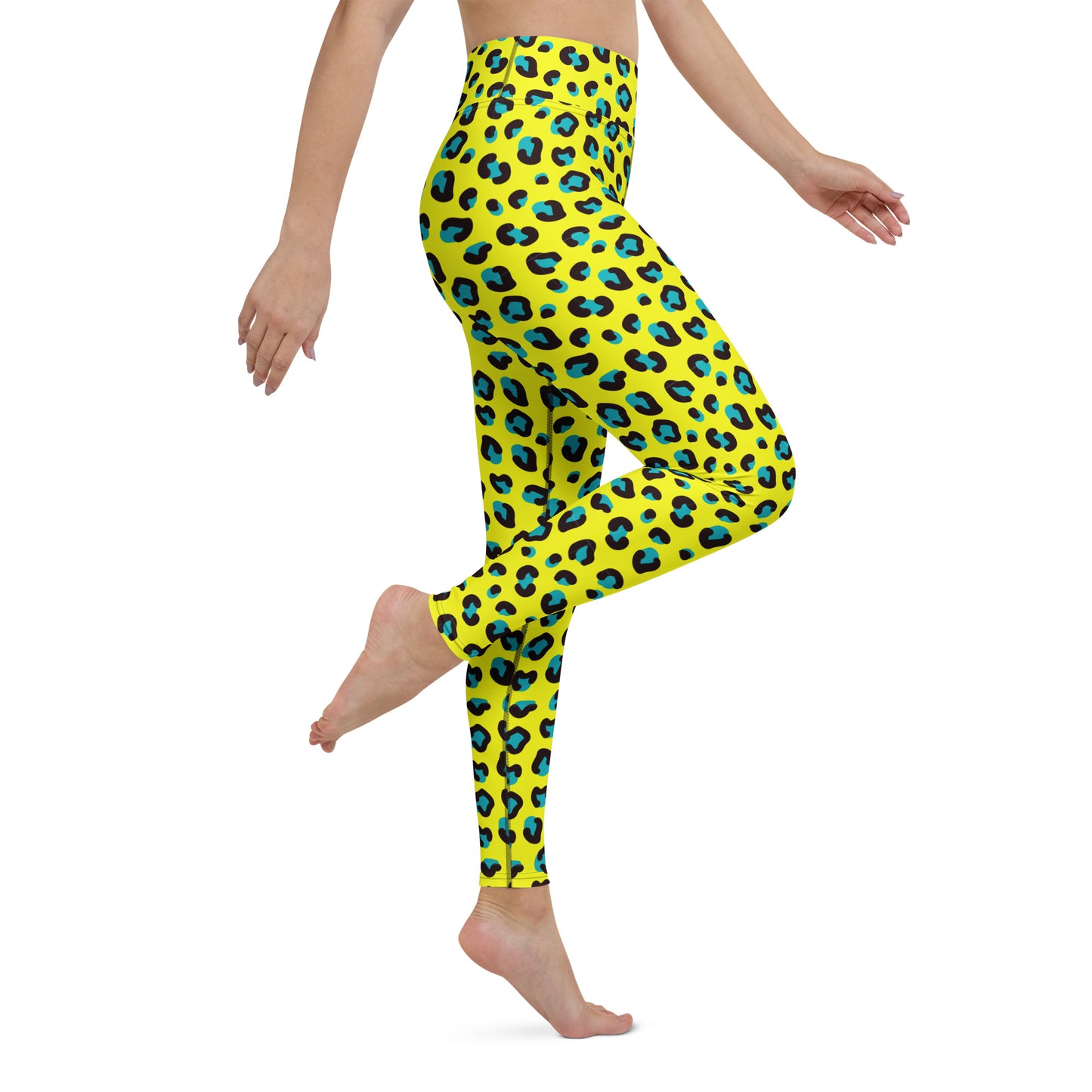 A model wearing bright yellow leggings with a blue and black leopard print pattern, shown from the waist down against a plain white background. Fashionable Bold Yellow Teal Leopard Print Yoga Leggings for Activewear