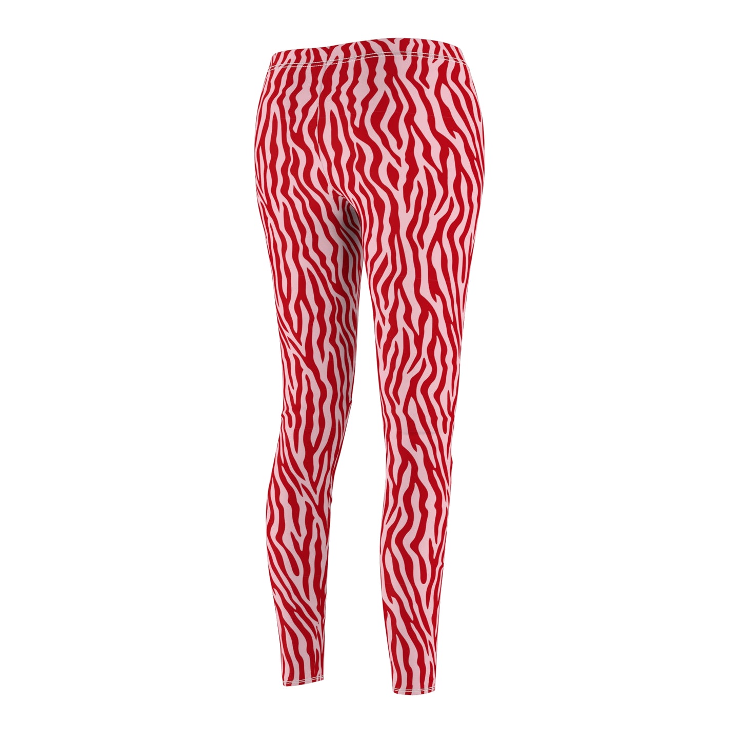 Red and white wavy zebra-print leggings shown on a ghost mannequin against a plain white background. Fashionable Zebra Print Leggings in Bright Pink