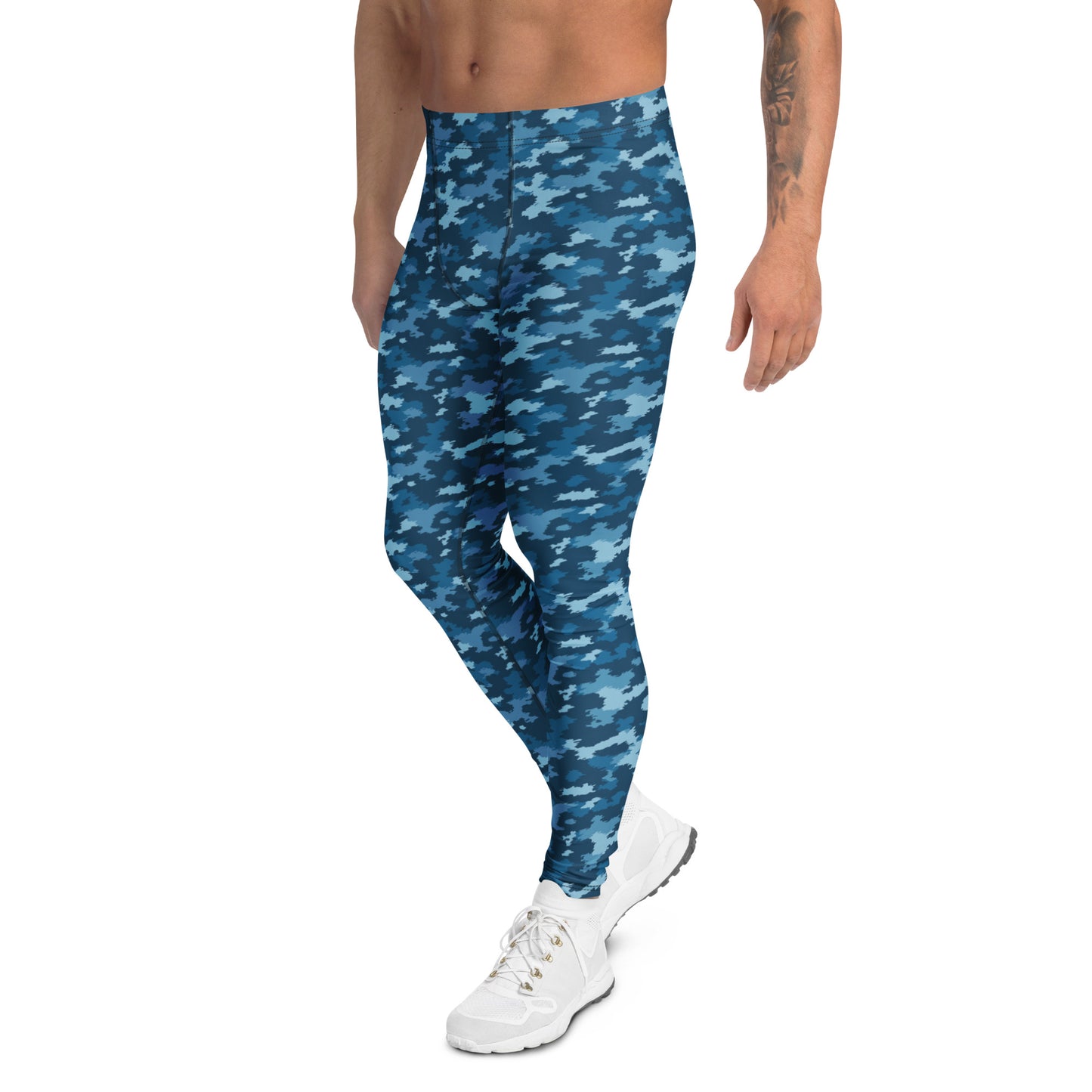 Functional Bold Blue Camo Print Men's Athletic Leggings for Activewear