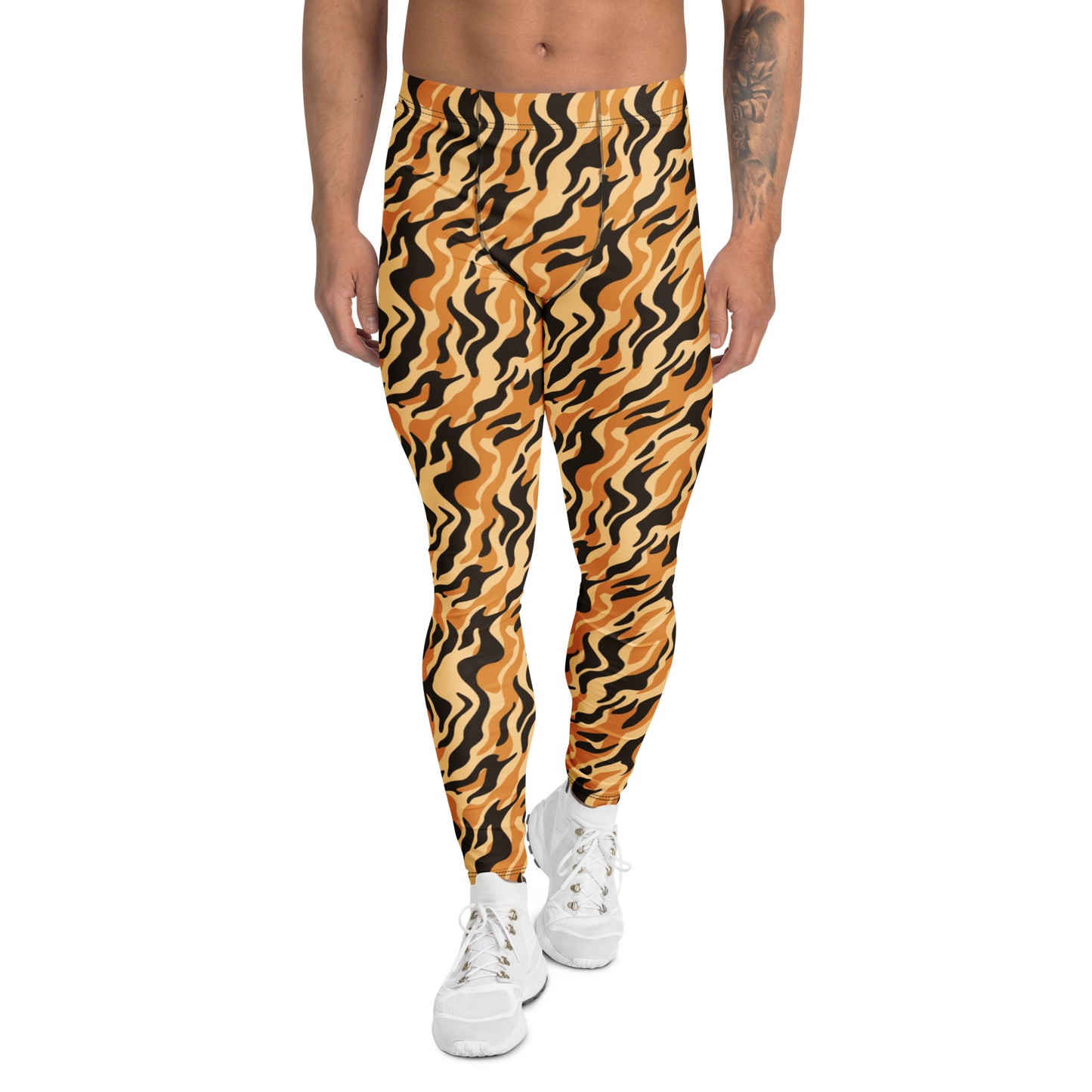 A person modeling tiger-print leggings with a wavy pattern in orange, black, and tan, paired with white sneakers against a plain white background. Functional Men's Leggings with Bold Tiger Print