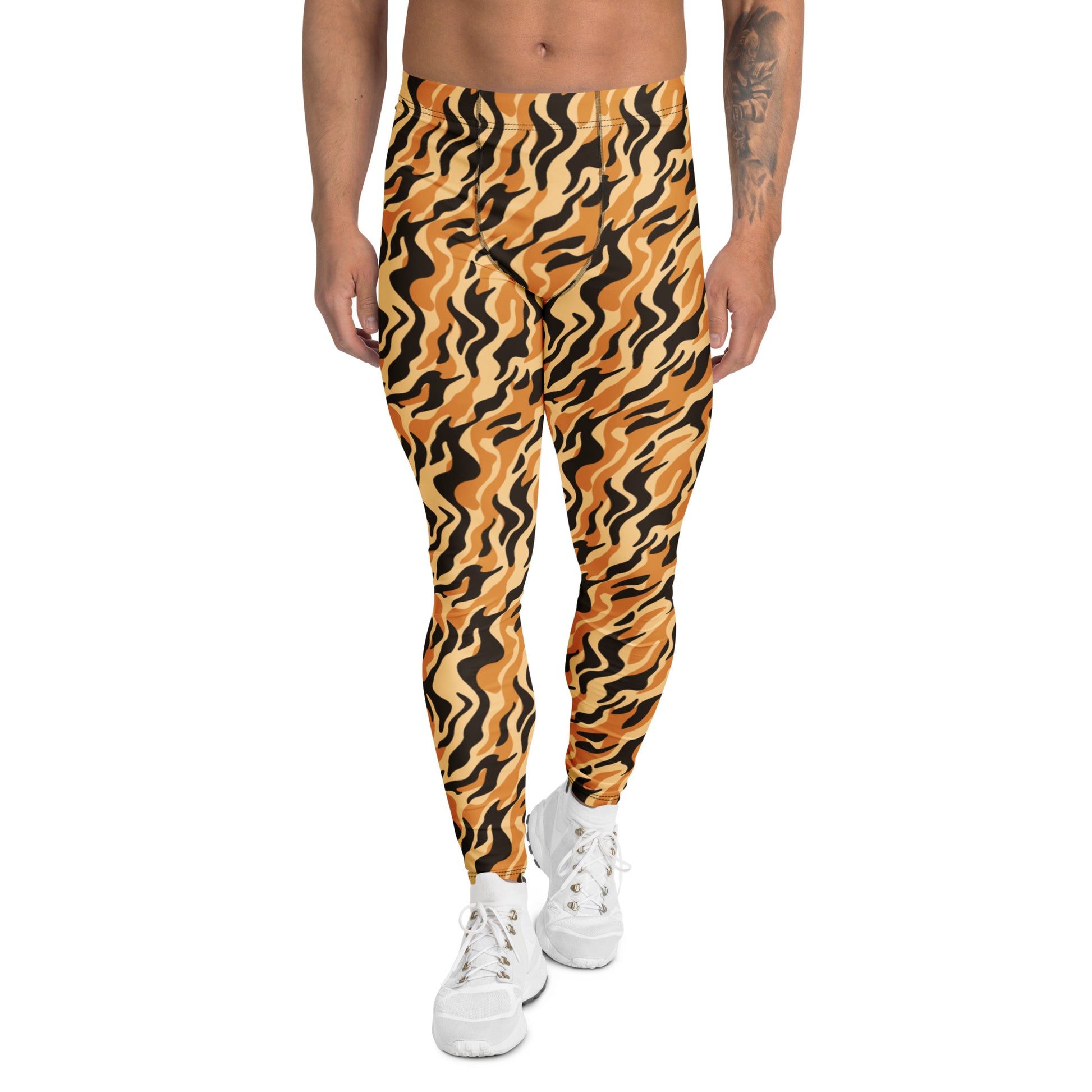 A person modeling tiger-print leggings with a wavy pattern in orange, black, and tan, paired with white sneakers against a plain white background. Functional Men's Leggings with Bold Tiger Print