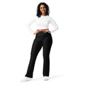 Woman wearing a white long-sleeve top and black pants on a white background Minimal Solid Black Flare Leggings for Activewear