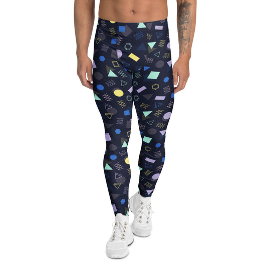 A person modeling high-waisted leggings with a colorful geometric pattern on a dark navy base, paired with white sneakers against a plain white background. Minimalist Bold Aesthetic Geometric Memphis Men's Leggings