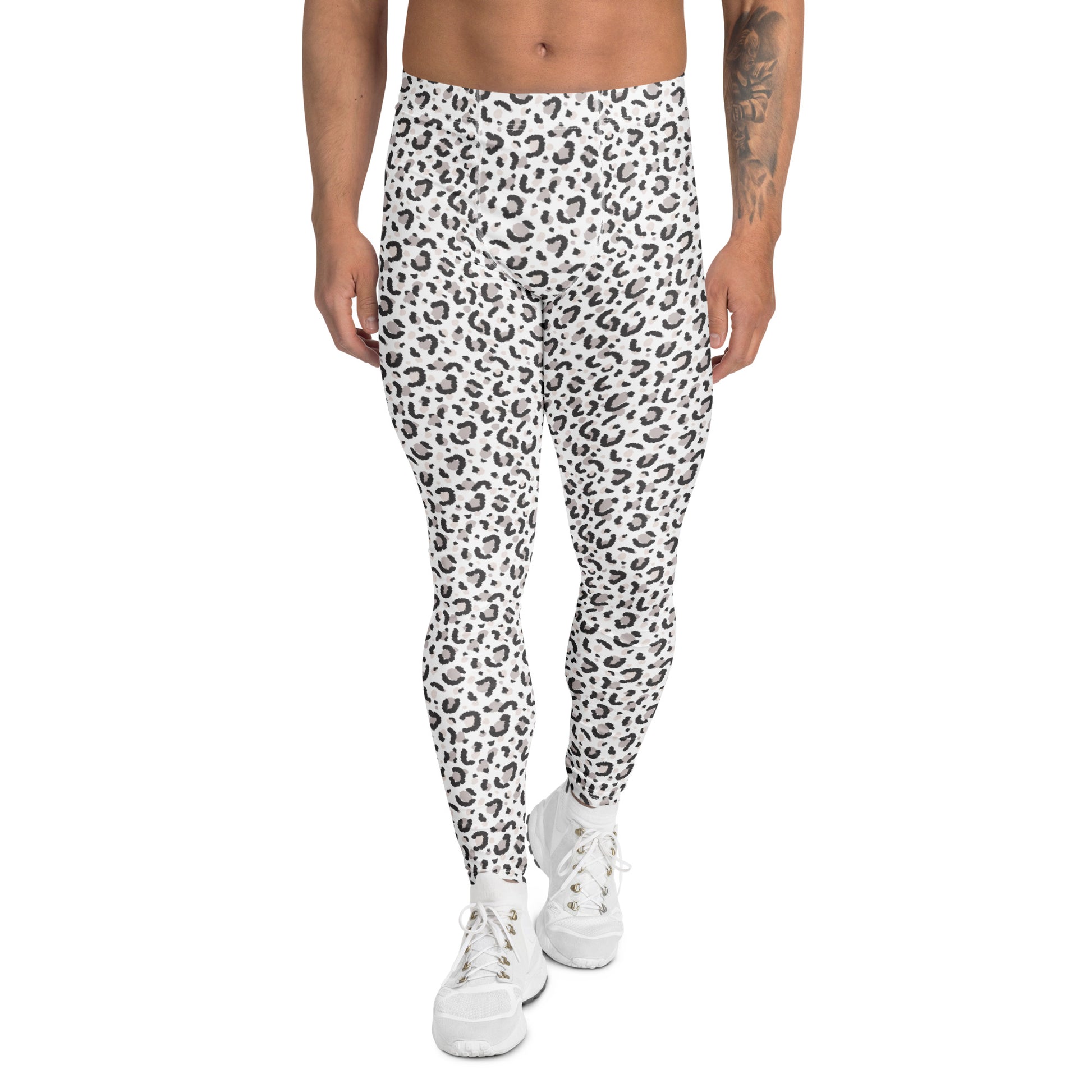 White leggings with a black leopard print pattern, modeled on a person from the waist down wearing white sneakers against a plain white background. Minimalist Bold Leopard Print Men's Leggings Activewear