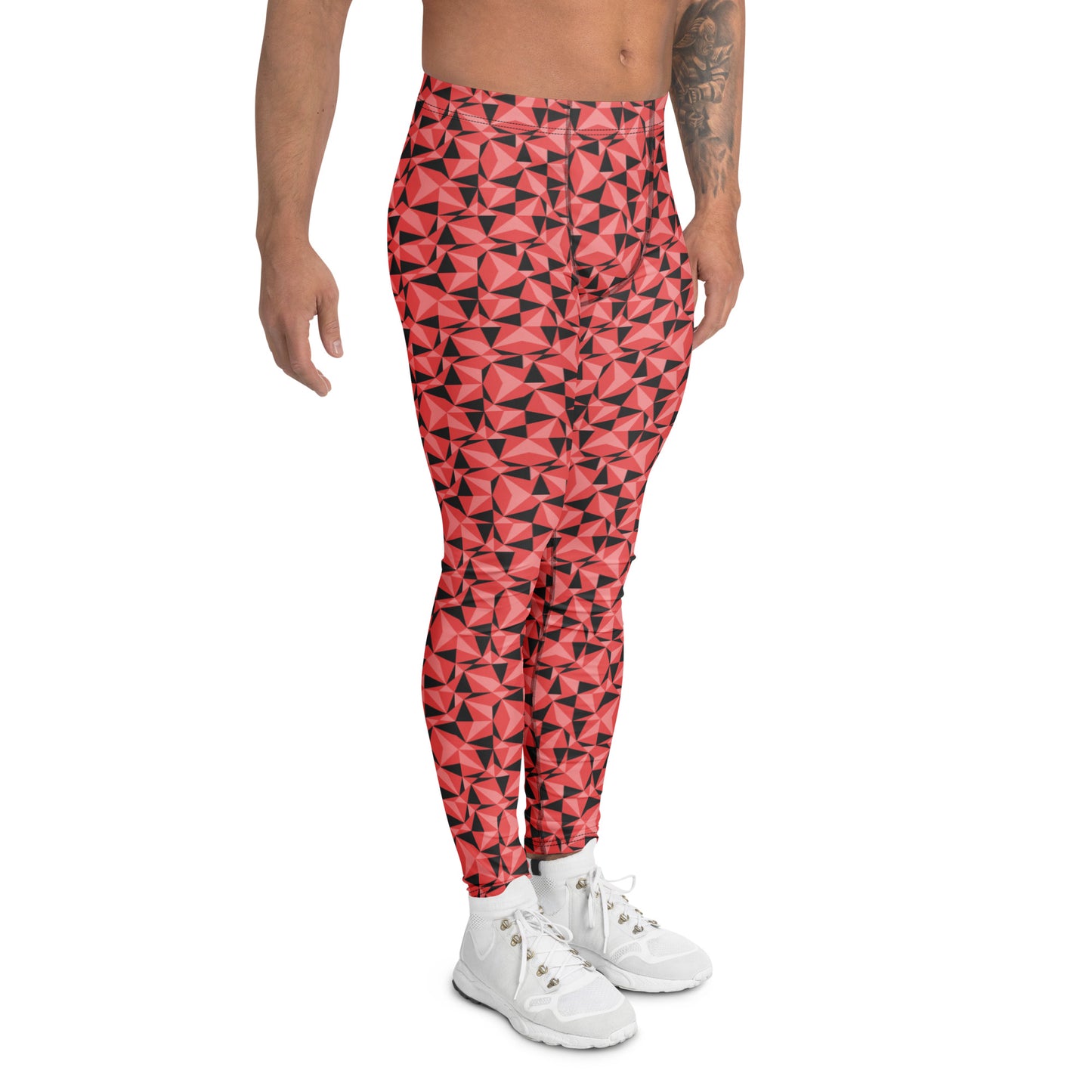 A person modeling high-waisted leggings with a bold geometric pattern in coral pink and black, paired with white sneakers against a plain white background. Minimalist Mosaic Rhombus Geometric Men's Athletic Leggings for Activewear