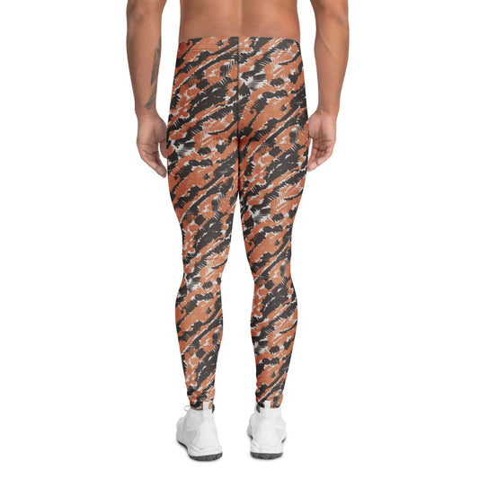A person shown from the waist down wearing full-length athletic leggings with an orange, black, and gray tiger-stripe camouflage pattern, paired with white sneakers on a plain white background. Modern Bold Artistic Brush Stroke Pattern Men's Athletic Leggings
