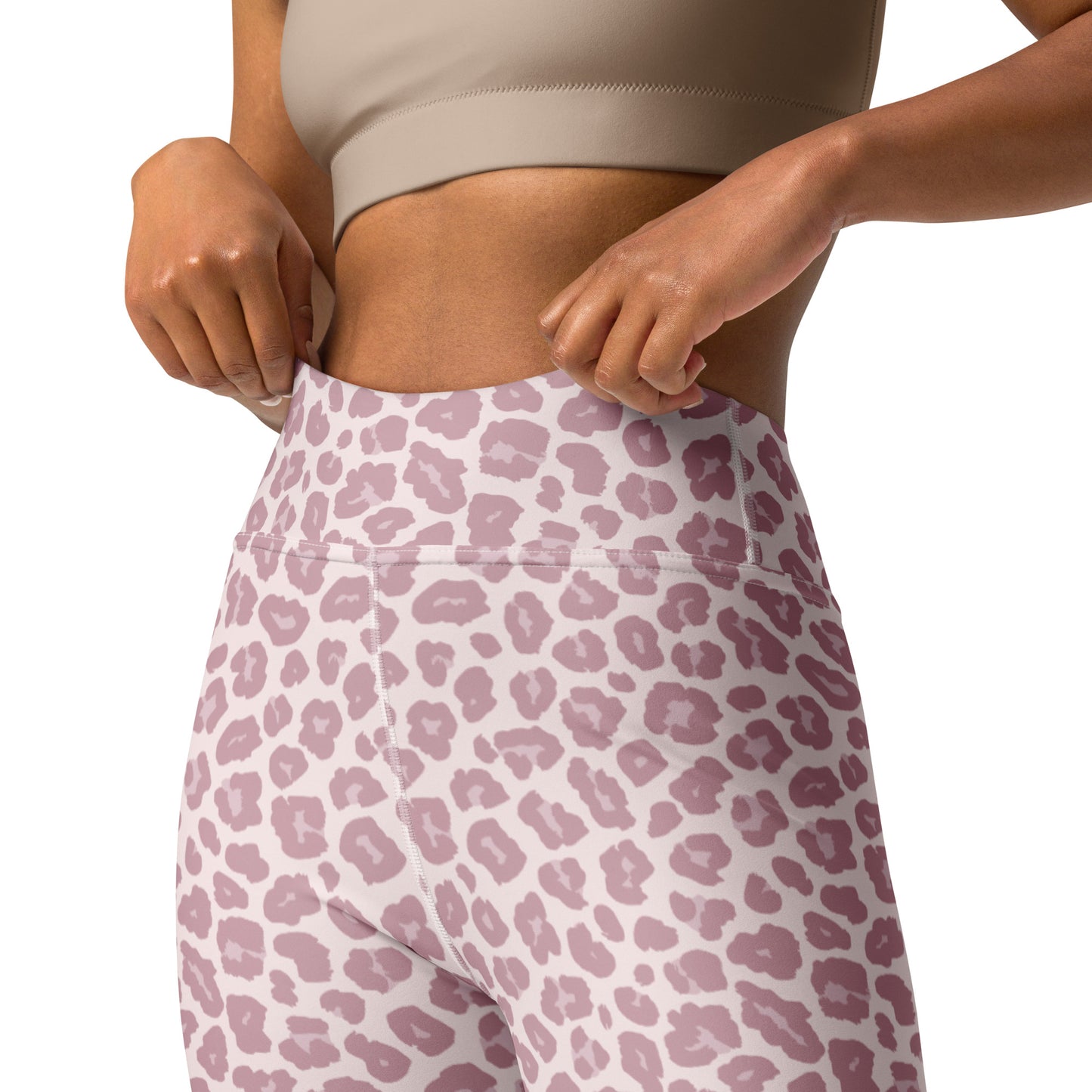 Beige leggings with a small graphic on the waistband against a white background Modern Chic Pink Leopard Pattern Pastel Yoga Leggings Activewear