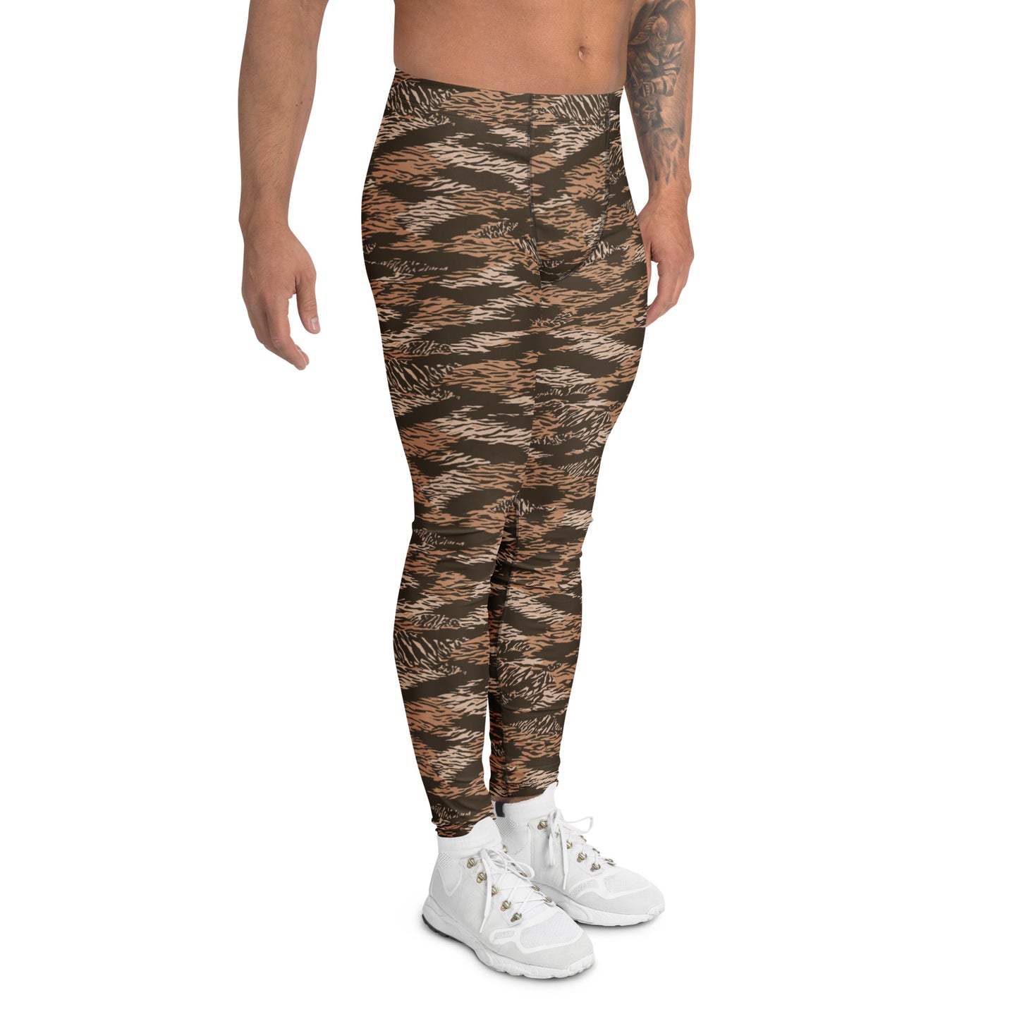 A model from the waist down wearing high-waisted leggings with a brown and beige tiger-stripe pattern, paired with white sneakers, on a solid white background. Modern Comfortable Bold Brown Tiger Stripes Men's Athletic Leggings
