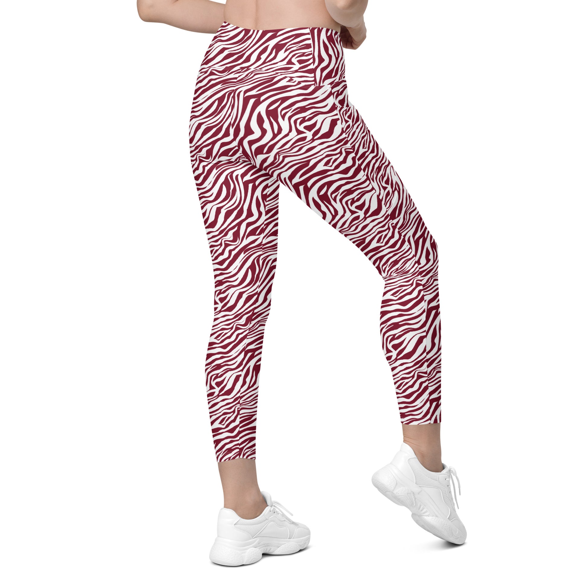 Red and white zebra print leggings shown on a model from the waist down, paired with white sneakers against a plain white background. Modern Comfortable Bold Red Zebra Print Leggings with Pockets for Activewear