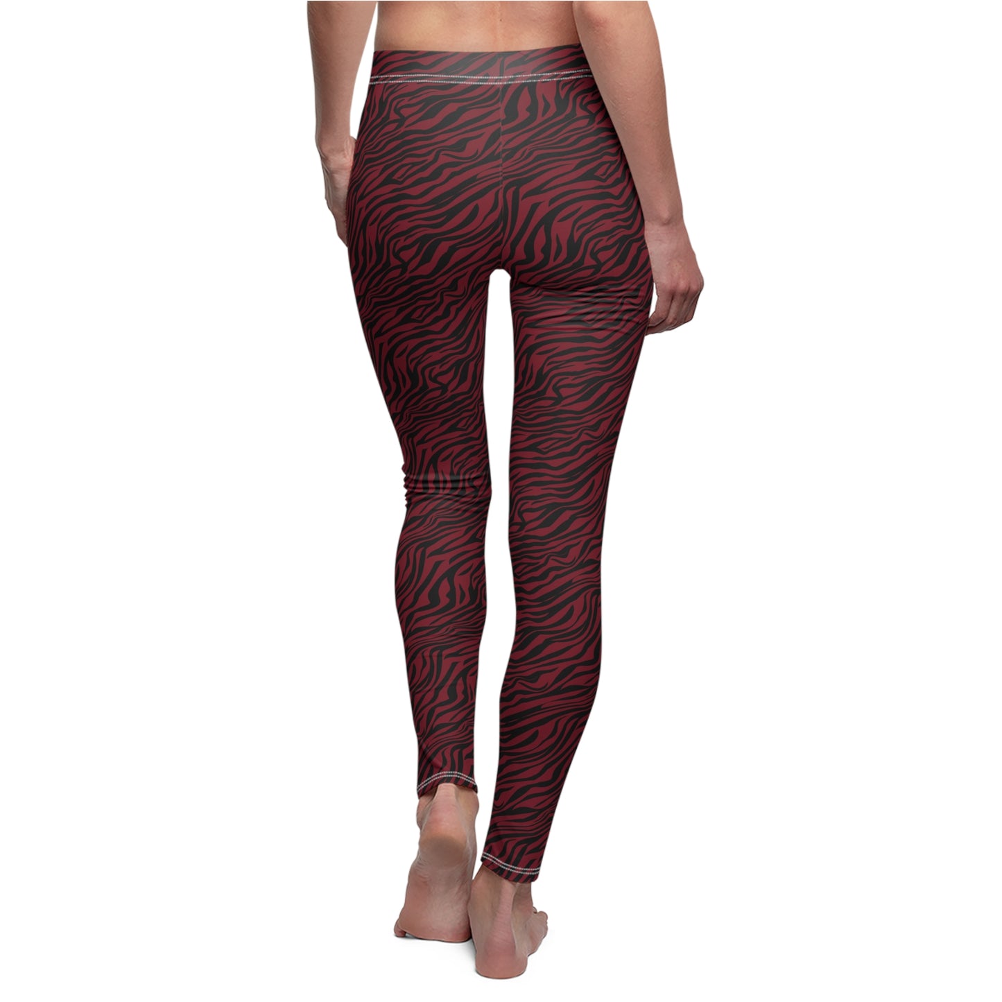 Rear view of a person wearing high-waisted leggings with a red and black zebra stripe pattern, shown against a plain white background. Modern Comfortable Bold Red Zebra Print Women's Casual Leggings
