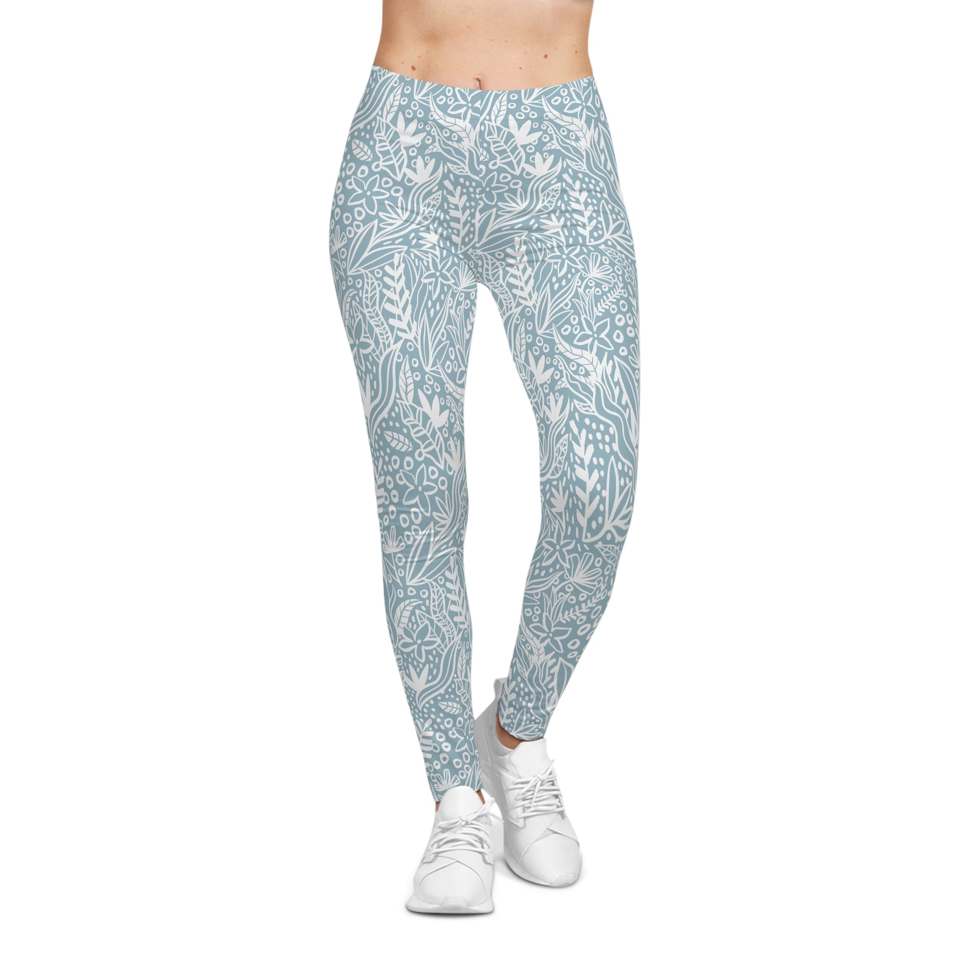Modern Comfortable Bold Women's Casual Leggings Blue Botanical Floral Elegant Activewear