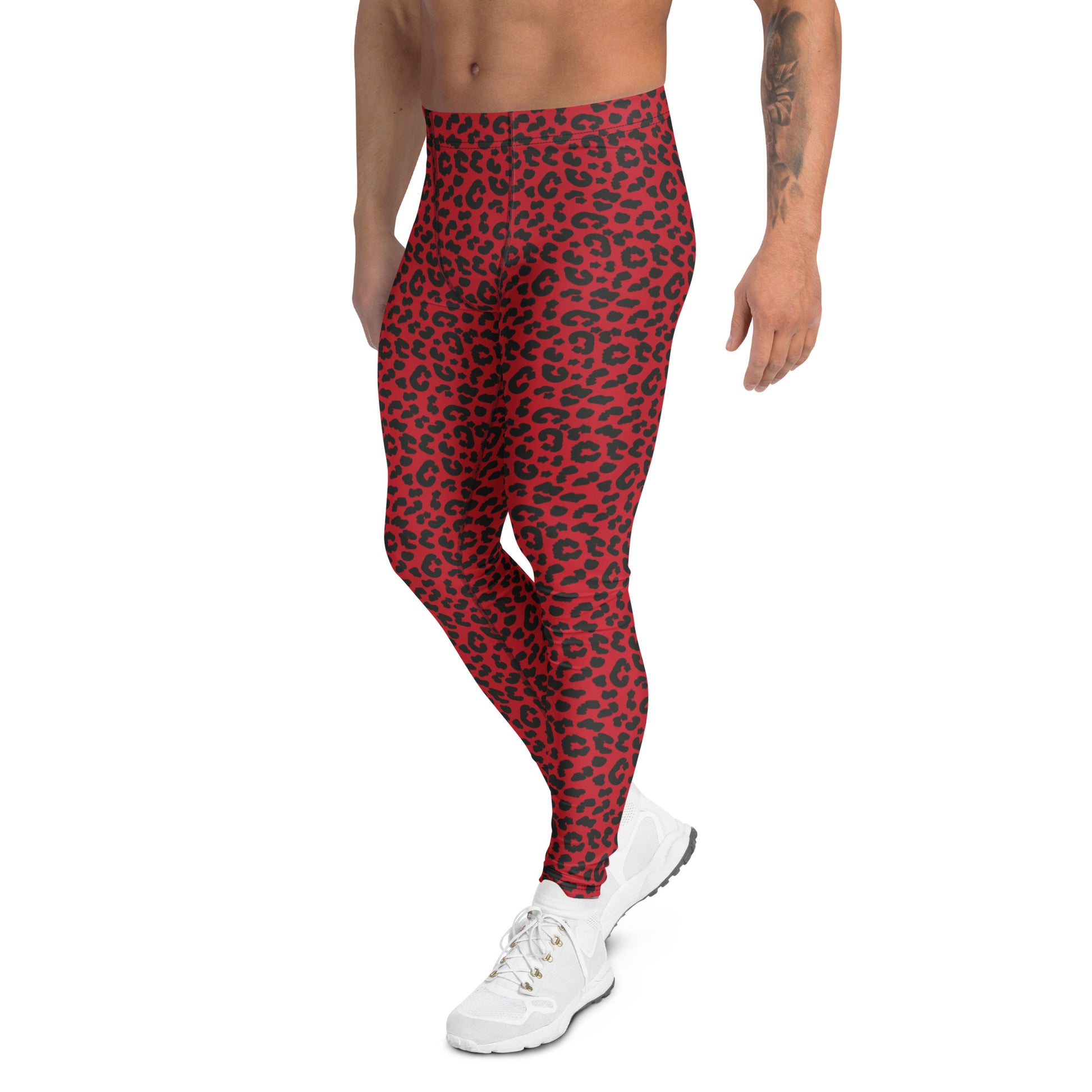 Modern Comfortable Men's Athletic Leggings Bold Red Leopard Print for Activewear