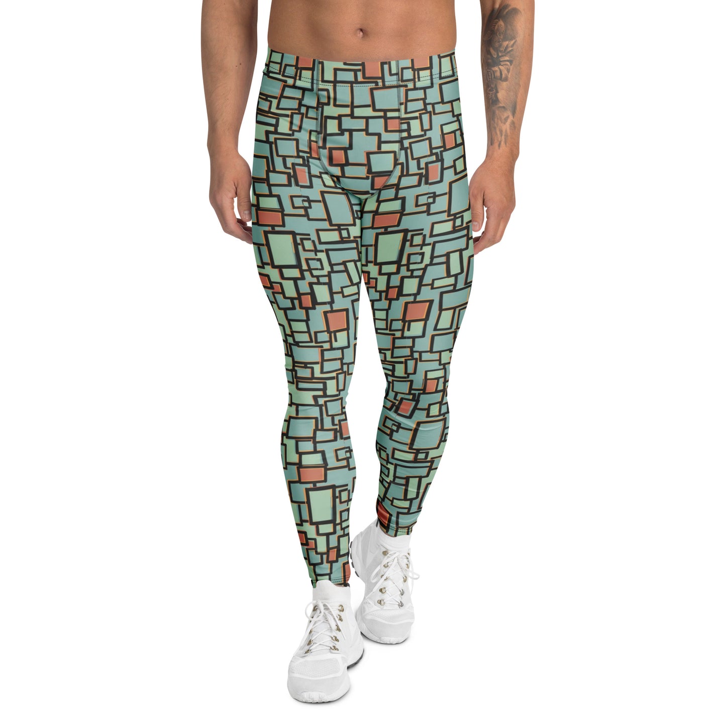 A person modeling high-waisted leggings with an abstract geometric pattern in mint green, teal, and terracotta, paired with white sneakers against a plain white background. Modern Glitch Geometric Men's Activewear Leggings