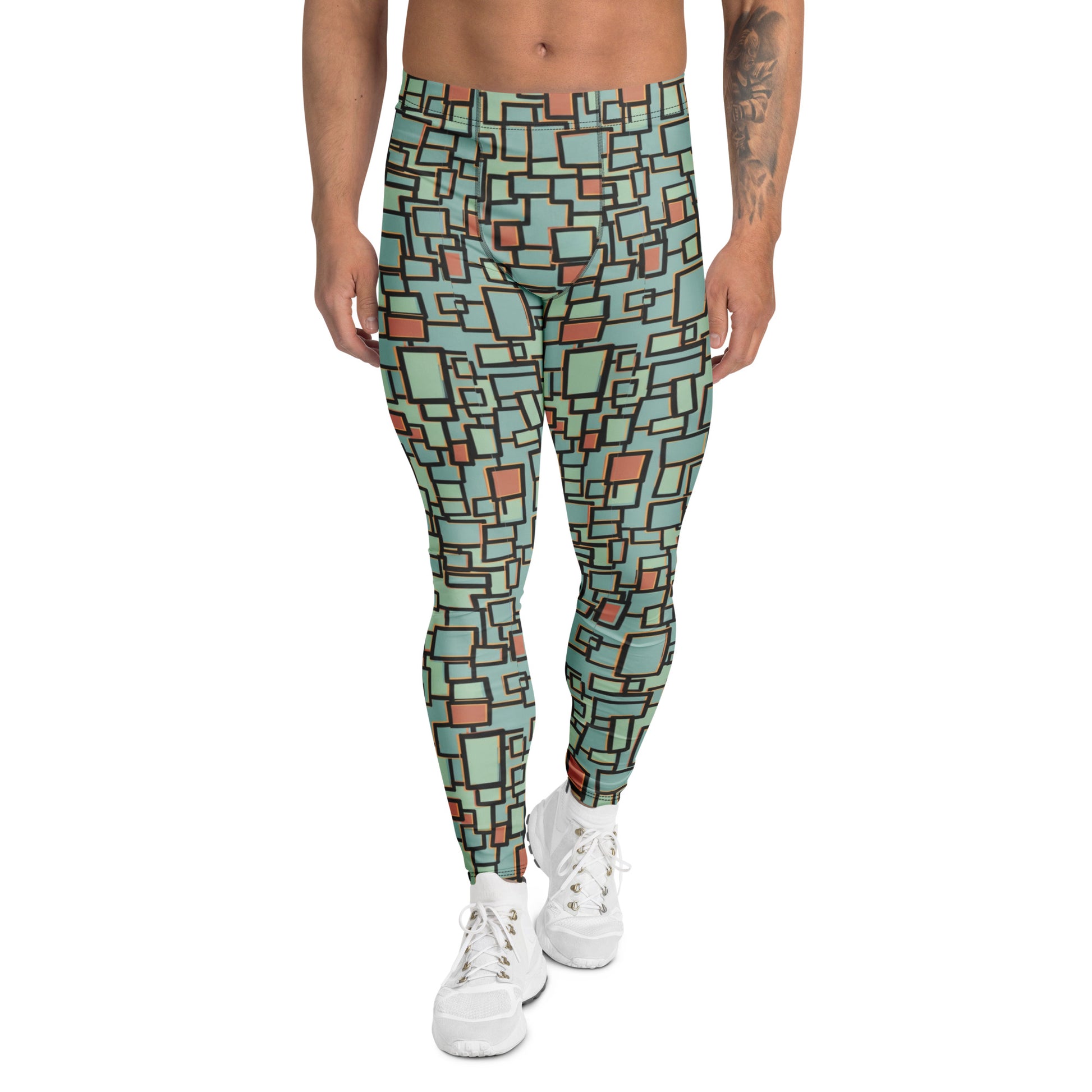 A person modeling high-waisted leggings with an abstract geometric pattern in mint green, teal, and terracotta, paired with white sneakers against a plain white background. Modern Glitch Geometric Men's Activewear Leggings