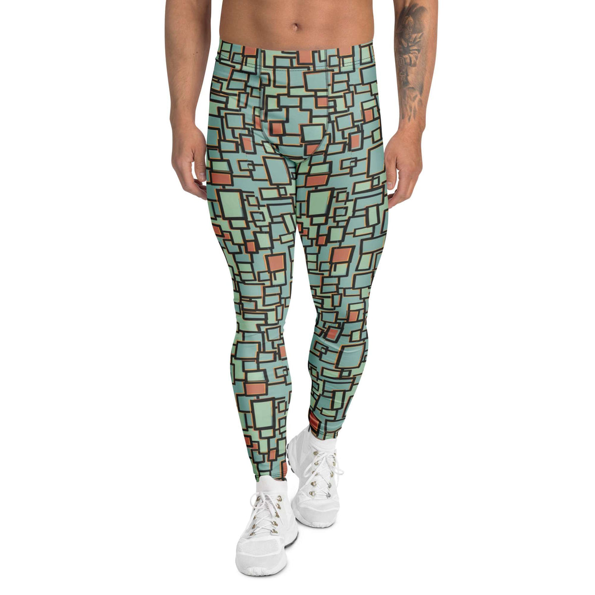 A person modeling high-waisted leggings with an abstract geometric pattern in mint green, teal, and terracotta, paired with white sneakers against a plain white background. Modern Glitch Geometric Men's Activewear Leggings