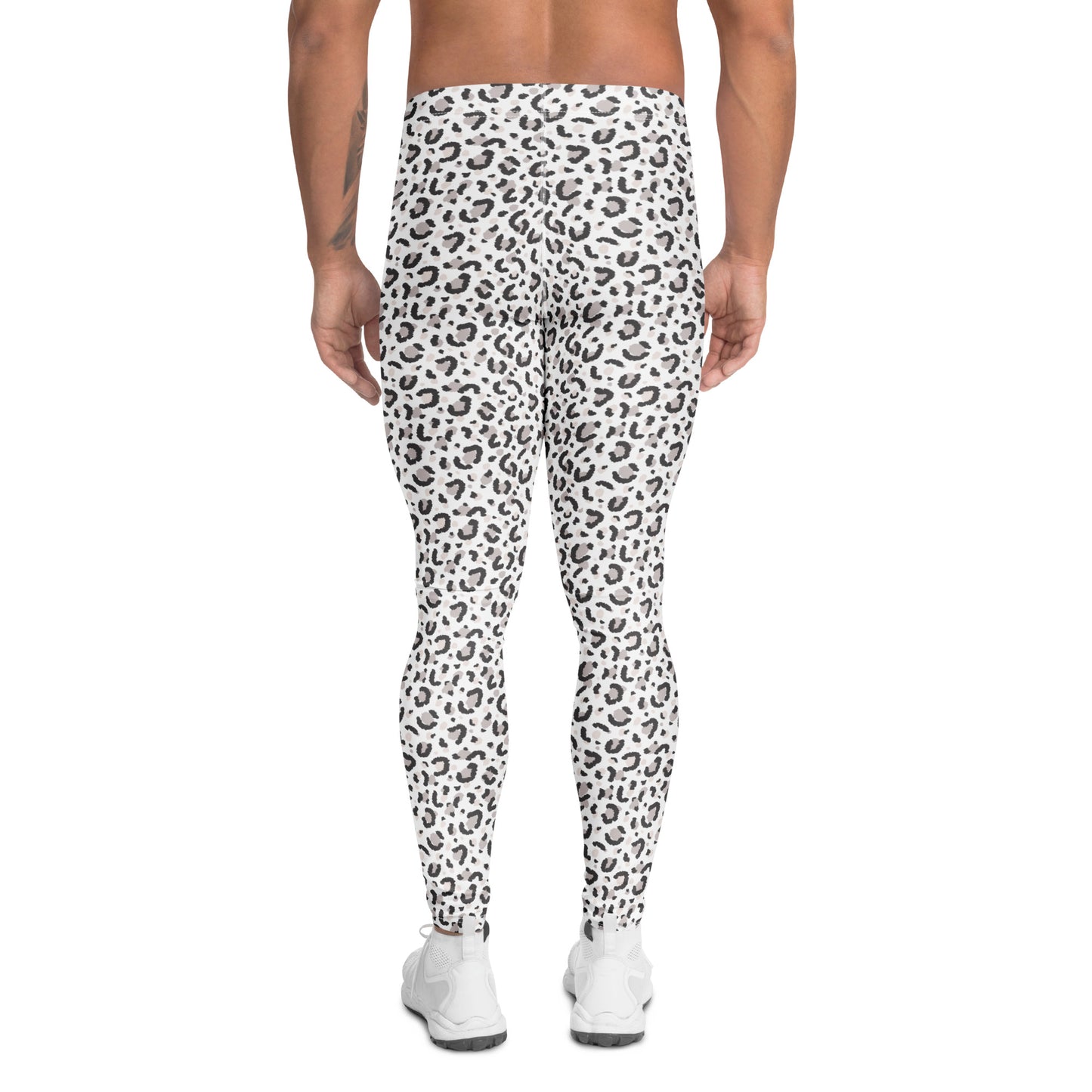A person shown from the back wearing high-waisted leggings with an allover black and gray leopard print on a white base, paired with white sneakers, against a plain white background. Modern Minimalist Bold Leopard Print Men's Leggings Activewear
