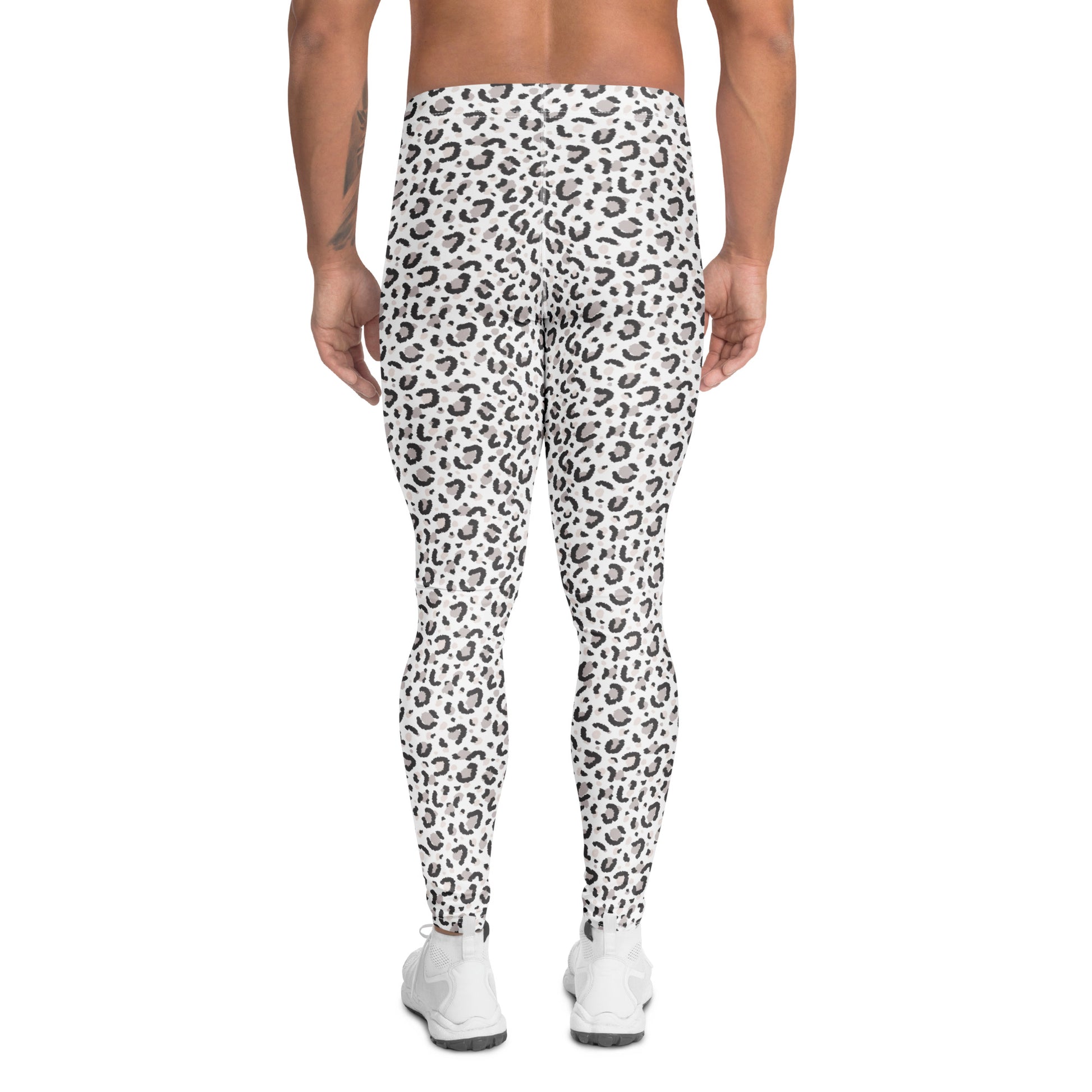 A person shown from the back wearing high-waisted leggings with an allover black and gray leopard print on a white base, paired with white sneakers, against a plain white background. Modern Minimalist Bold Leopard Print Men's Leggings Activewear