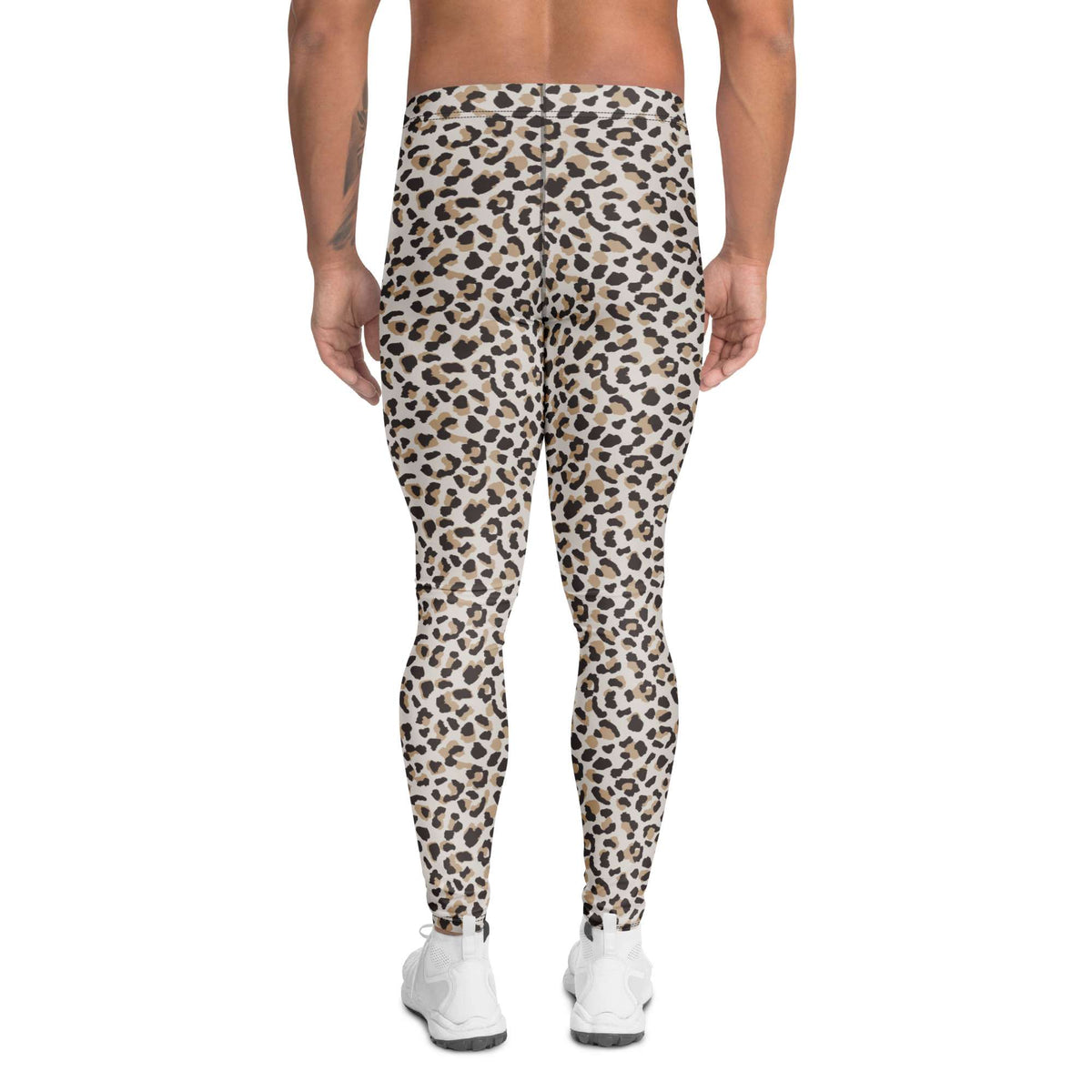 A person shown from the back wearing leopard-print leggings and white sneakers against a plain white studio background. Modern Minimalist Leopard Skin Men's Athletic Leggings Activewear