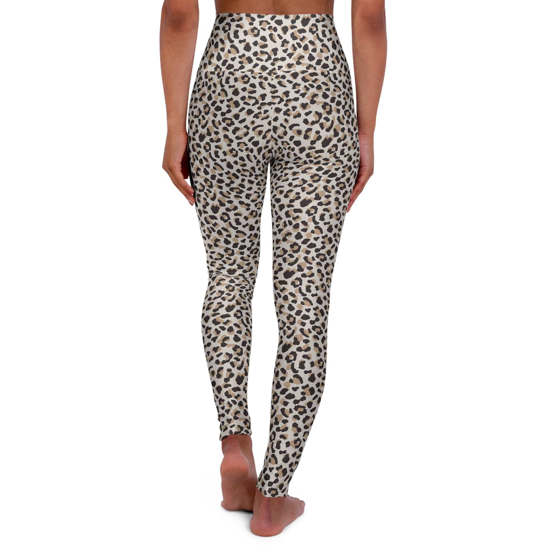 Rear view of a model wearing high-waisted leopard print leggings against a plain white background. Simple Minimalist Leopard Skin High Waisted Yoga Leggings Activewear