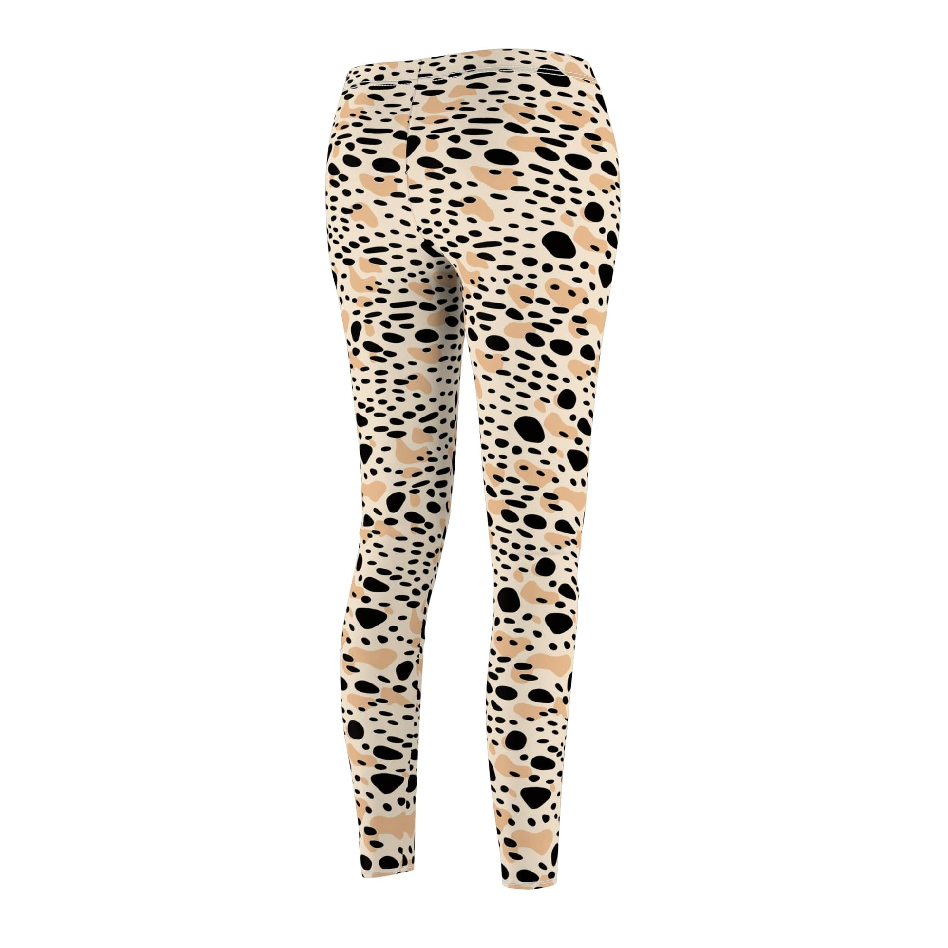 A pair of high-waisted leggings with an all-over leopard print pattern in beige, black, and brown, shown on a plain white background. Stylish Bold Beige and Black Spots Leopard Print Leggings Activewear