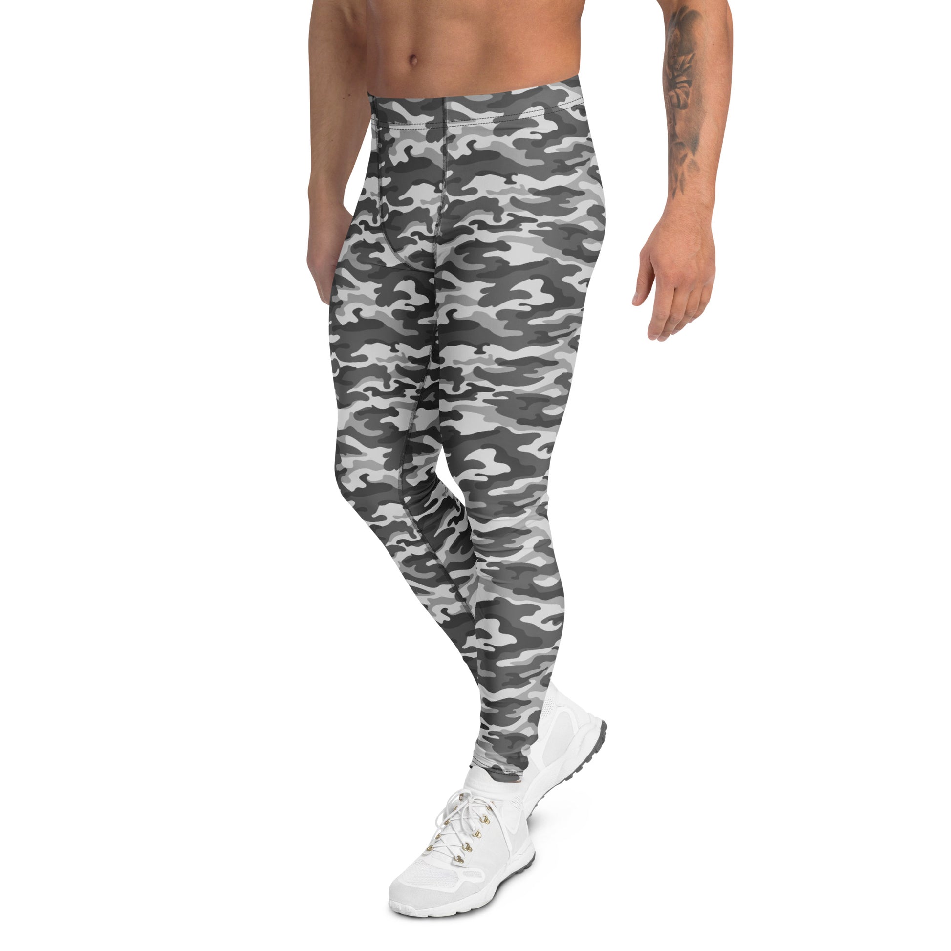 Stylish Bold Gray Military Camouflage Pattern Men's Athletic Leggings for Activewear