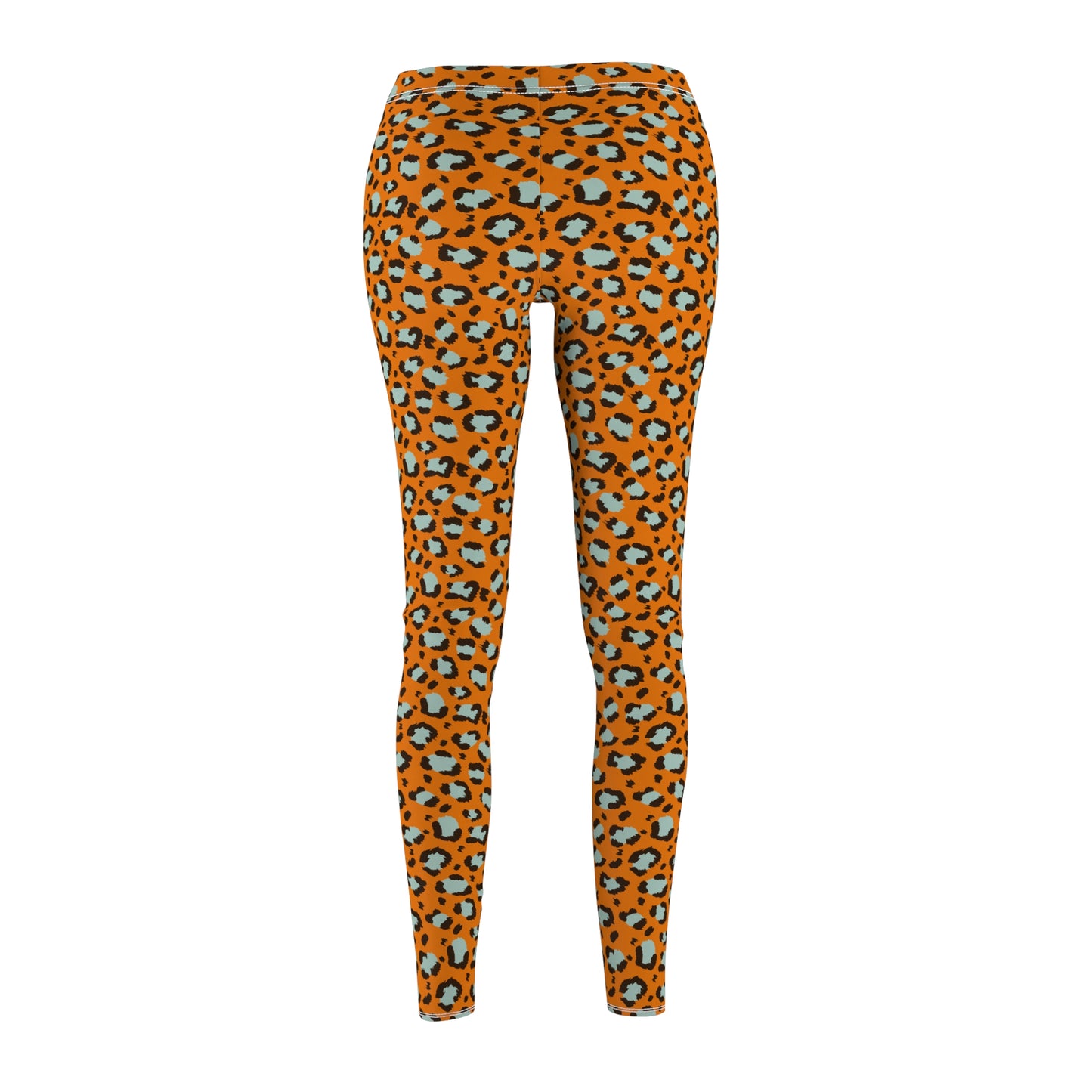 Orange leopard print leggings shown from the back on a plain white background. Stylish Bold Orange Leopard Print Women's Casual Leggings