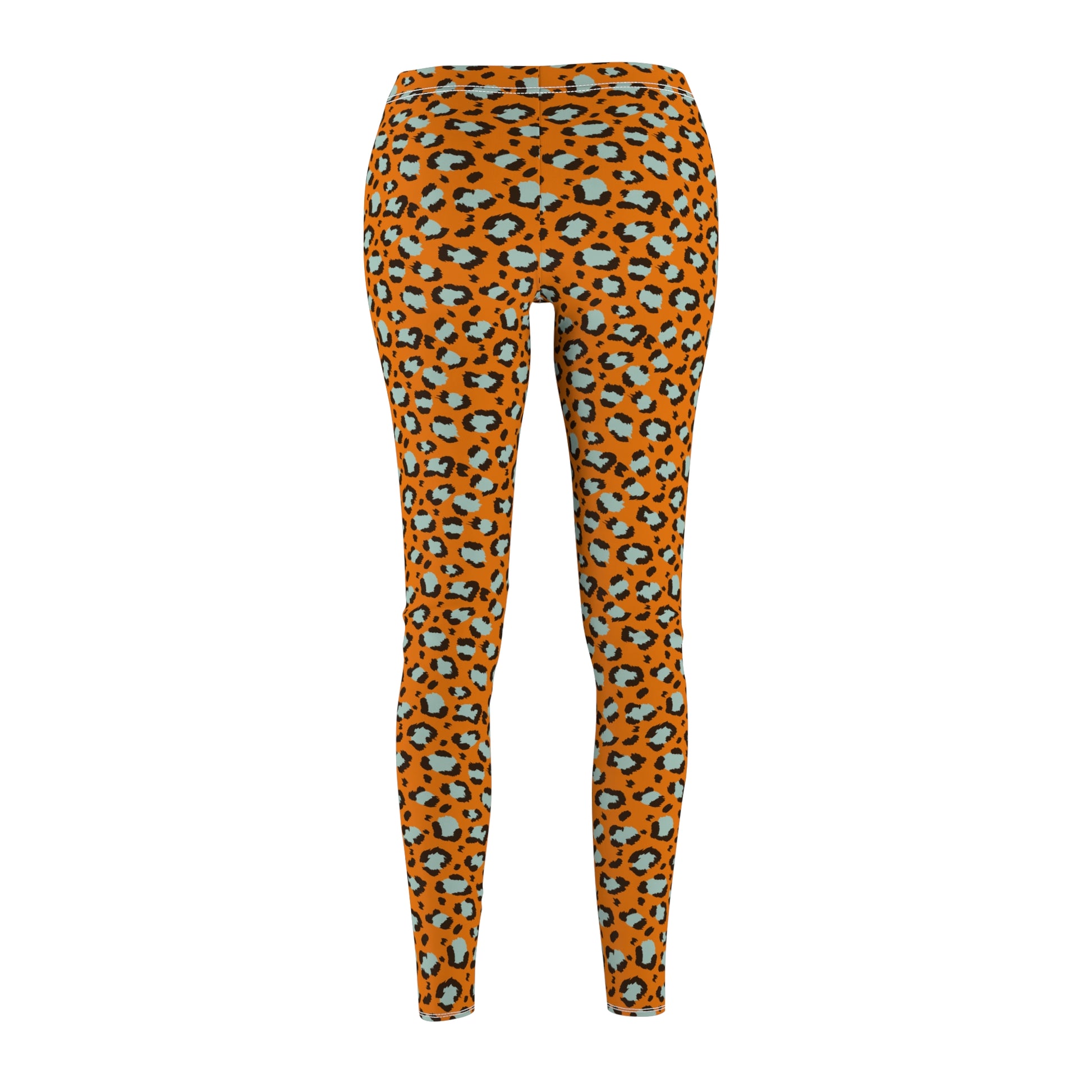 Orange leopard print leggings shown from the back on a plain white background. Stylish Bold Orange Leopard Print Women's Casual Leggings