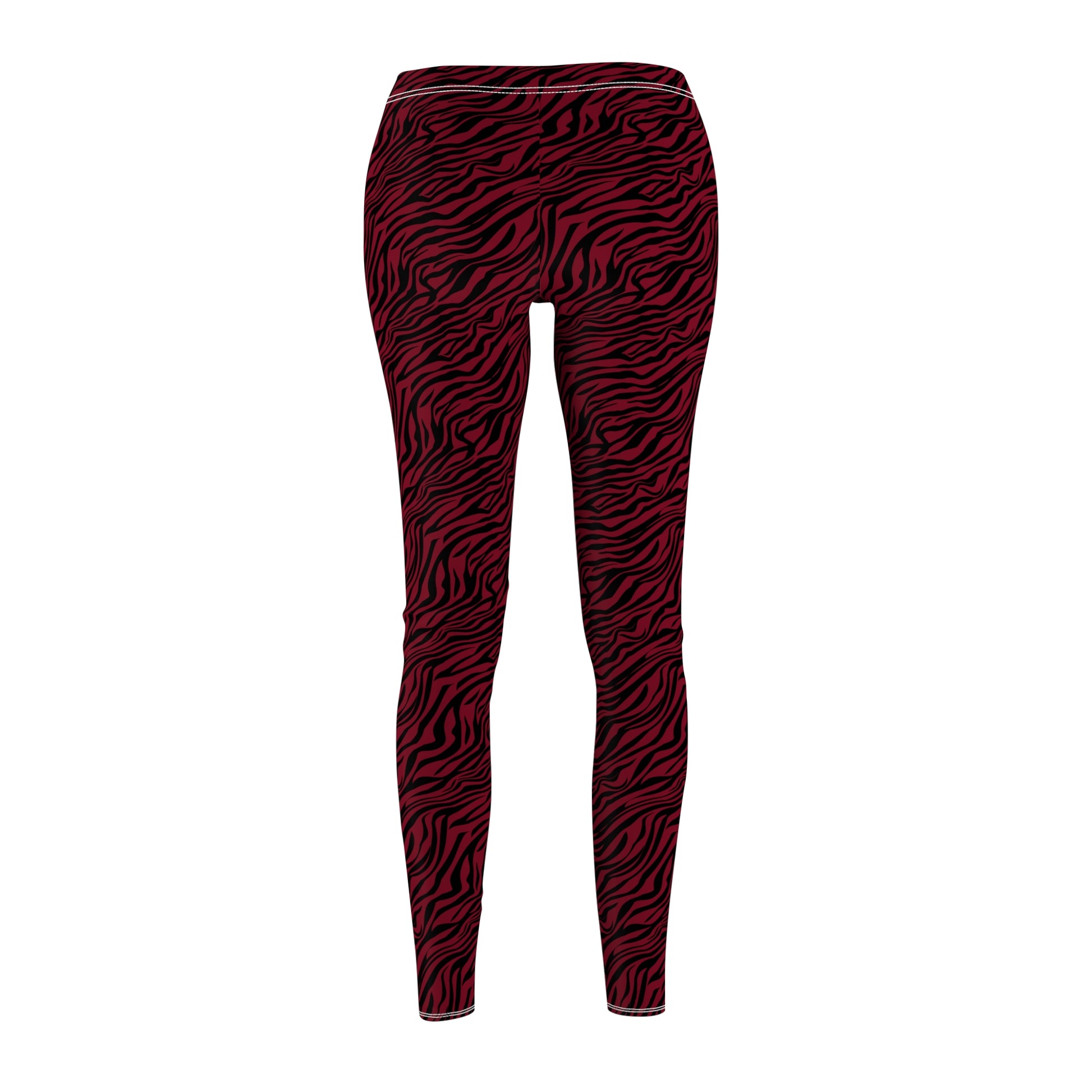 Red and black zebra print leggings shown on a plain white background. Stylish Comfortable Bold Red Zebra Print Women's Casual Leggings