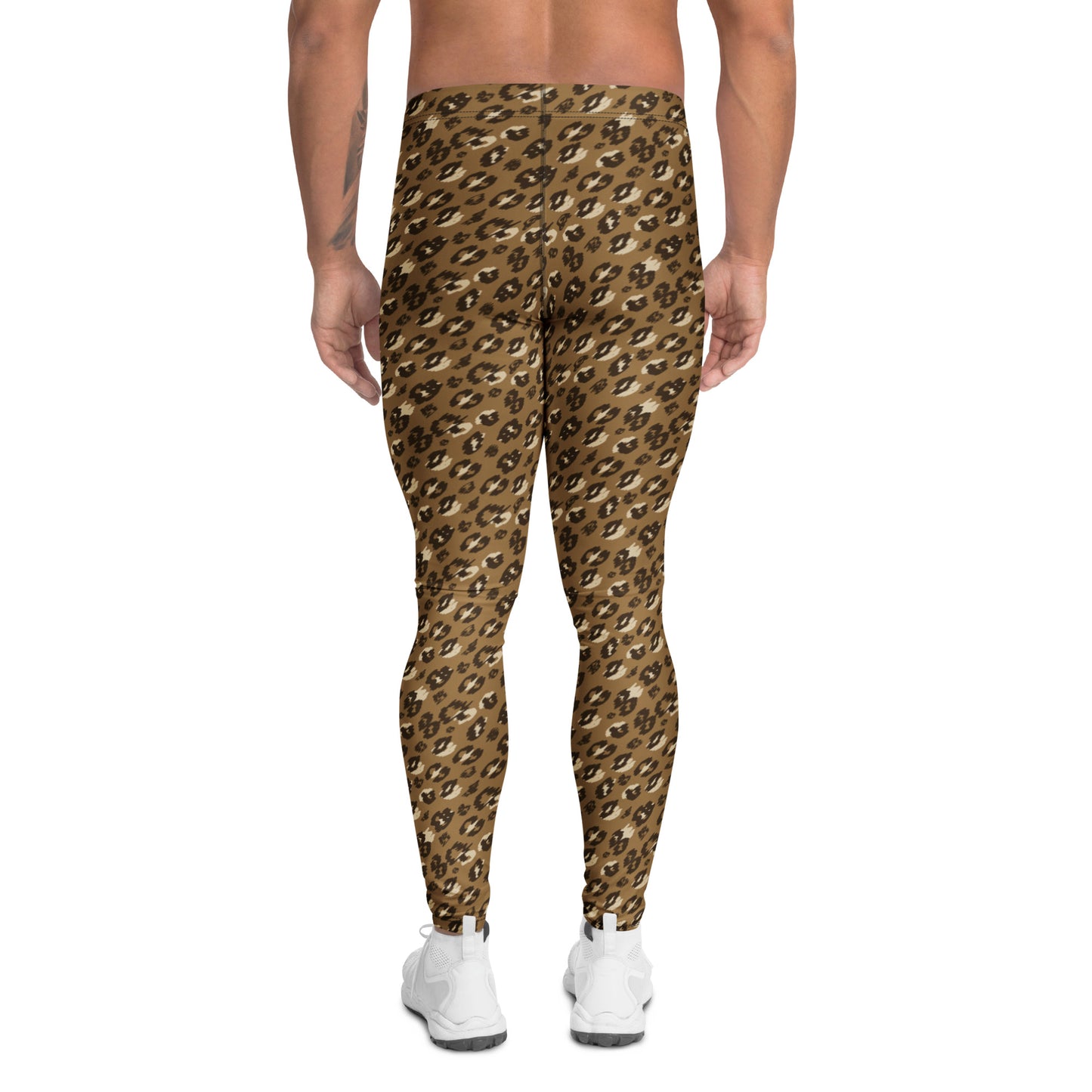 A person shown from the back wearing full-length leopard-print leggings in brown, tan, and black, paired with white sneakers, on a plain white background. Stylish Durable Bold Brown Leopard Print Men's Leggings Activewear