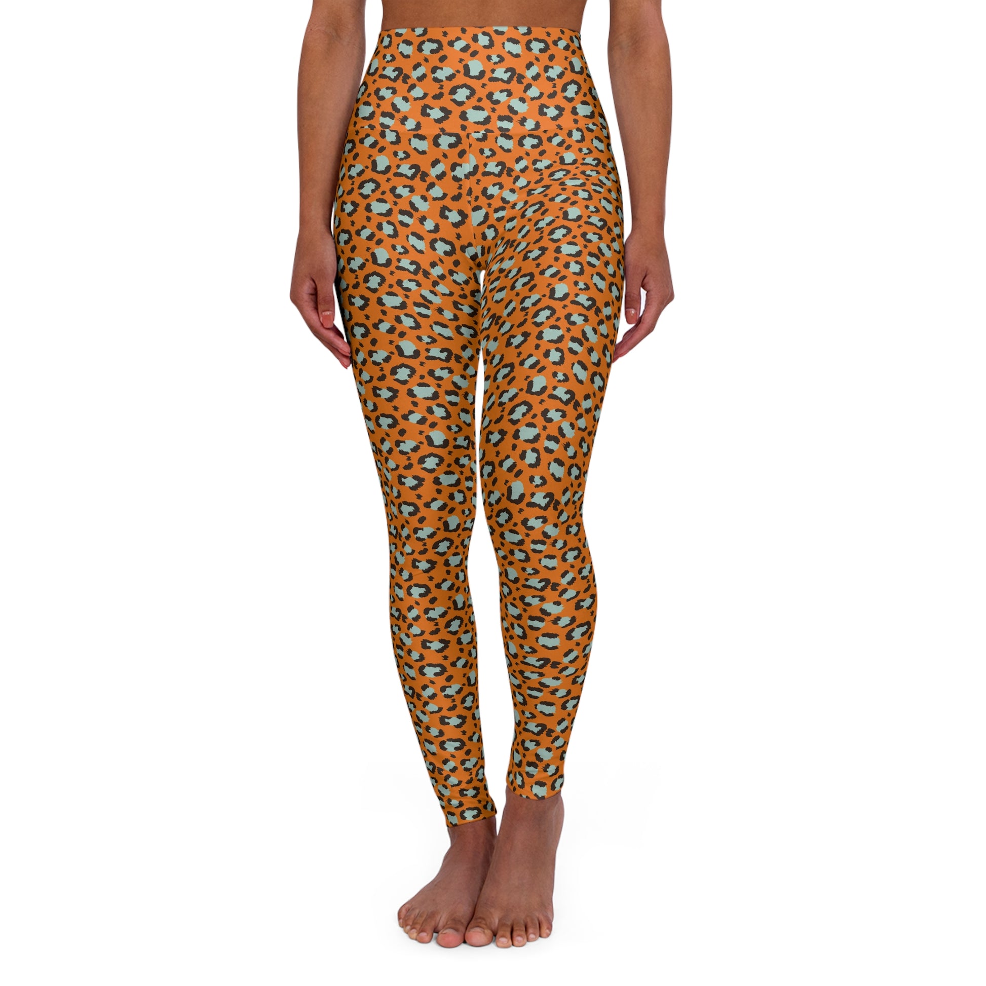 Stylish Minimalist Yoga Leggings in Leopard Print Leopard print leggings worn by a person on a white background